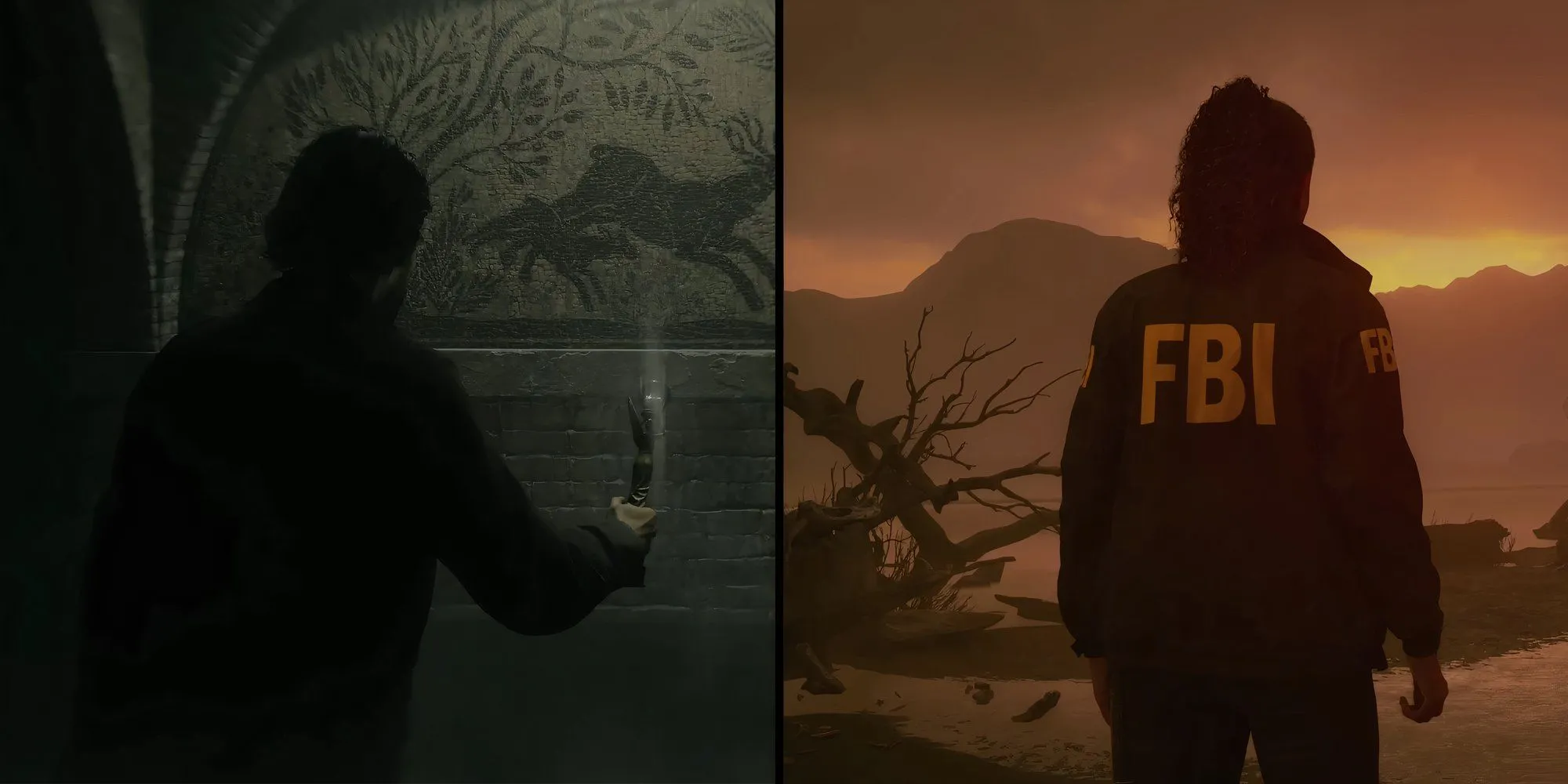Hai nhân vật chính Alan Wake và Saga Anderson quay lưng trong các môi trường khác nhau trong Alan Wake 2, gợi ý về thế giới song song và bí ẩn