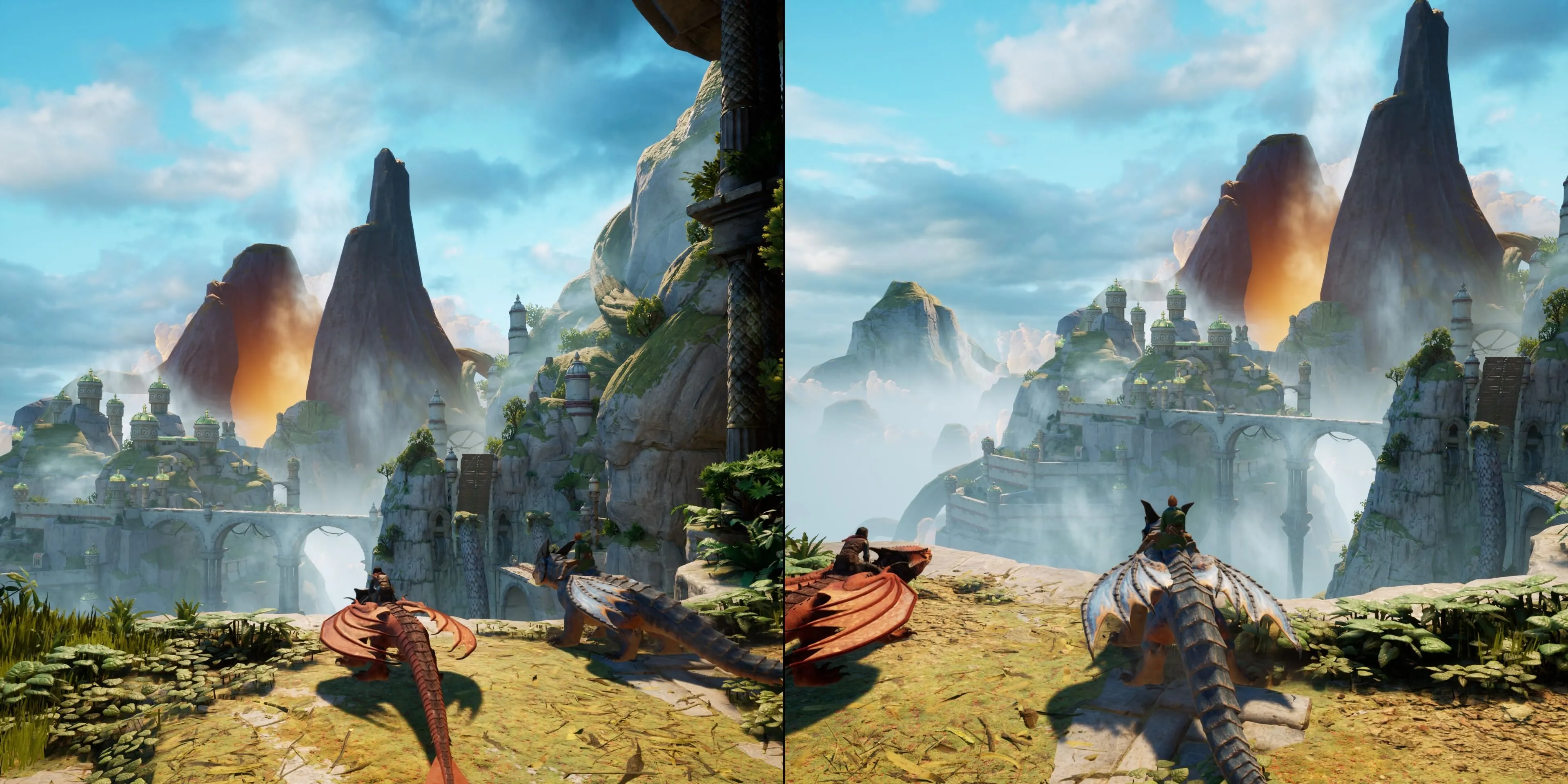 Hai nhân vật chính cưỡi rồng trong màn chơi Rise of the Dragon Realm của Split Fiction