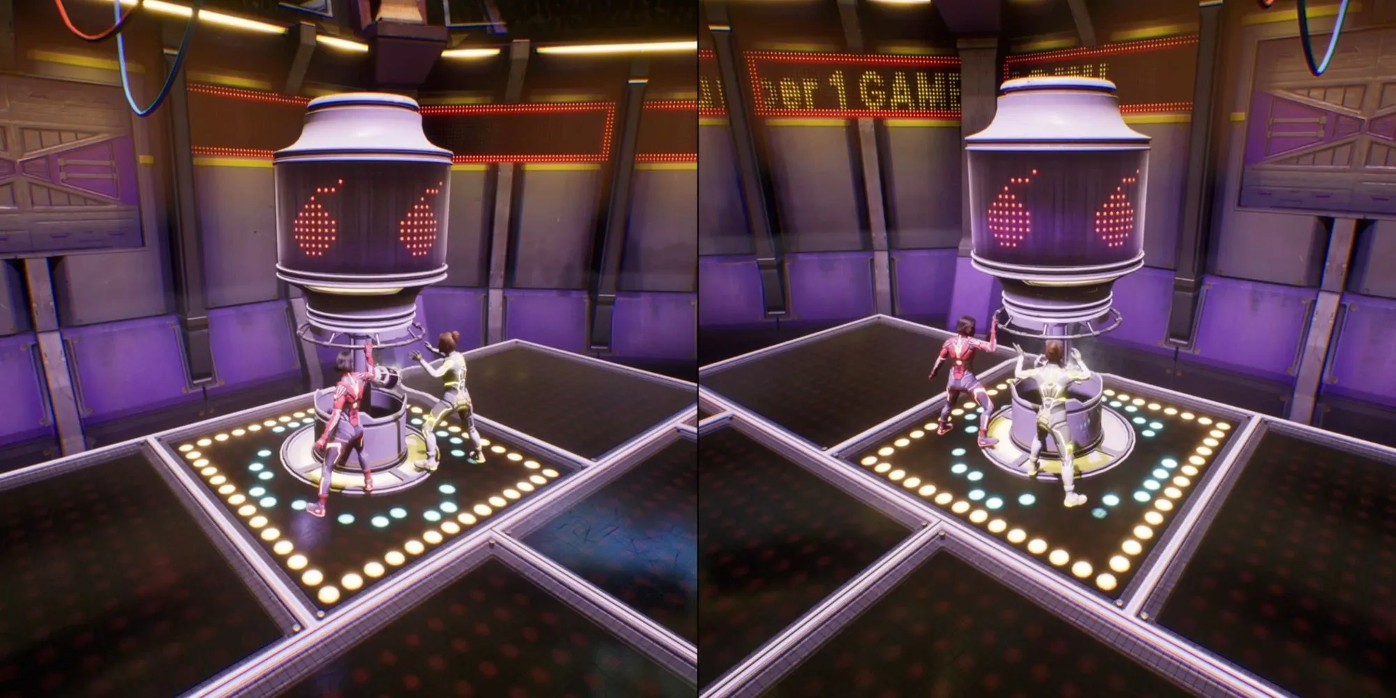 Hai nhân vật đang chuyền quả bom trong minigame Gameshow của Split Fiction, liên quan đến trophy Cold Potato