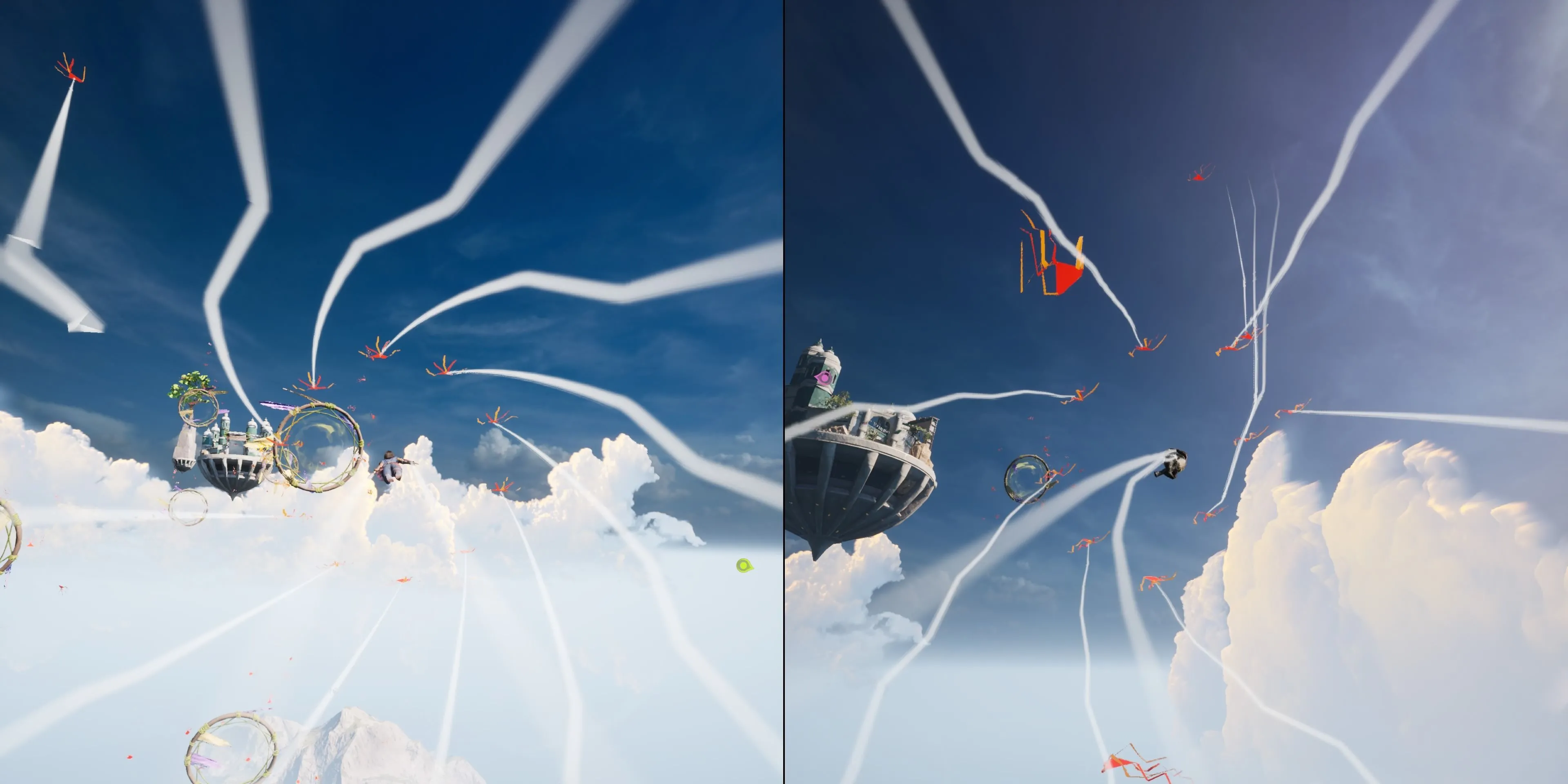 Hai nhân vật lượn trên không trong màn chơi phụ Kites của game Split Fiction
