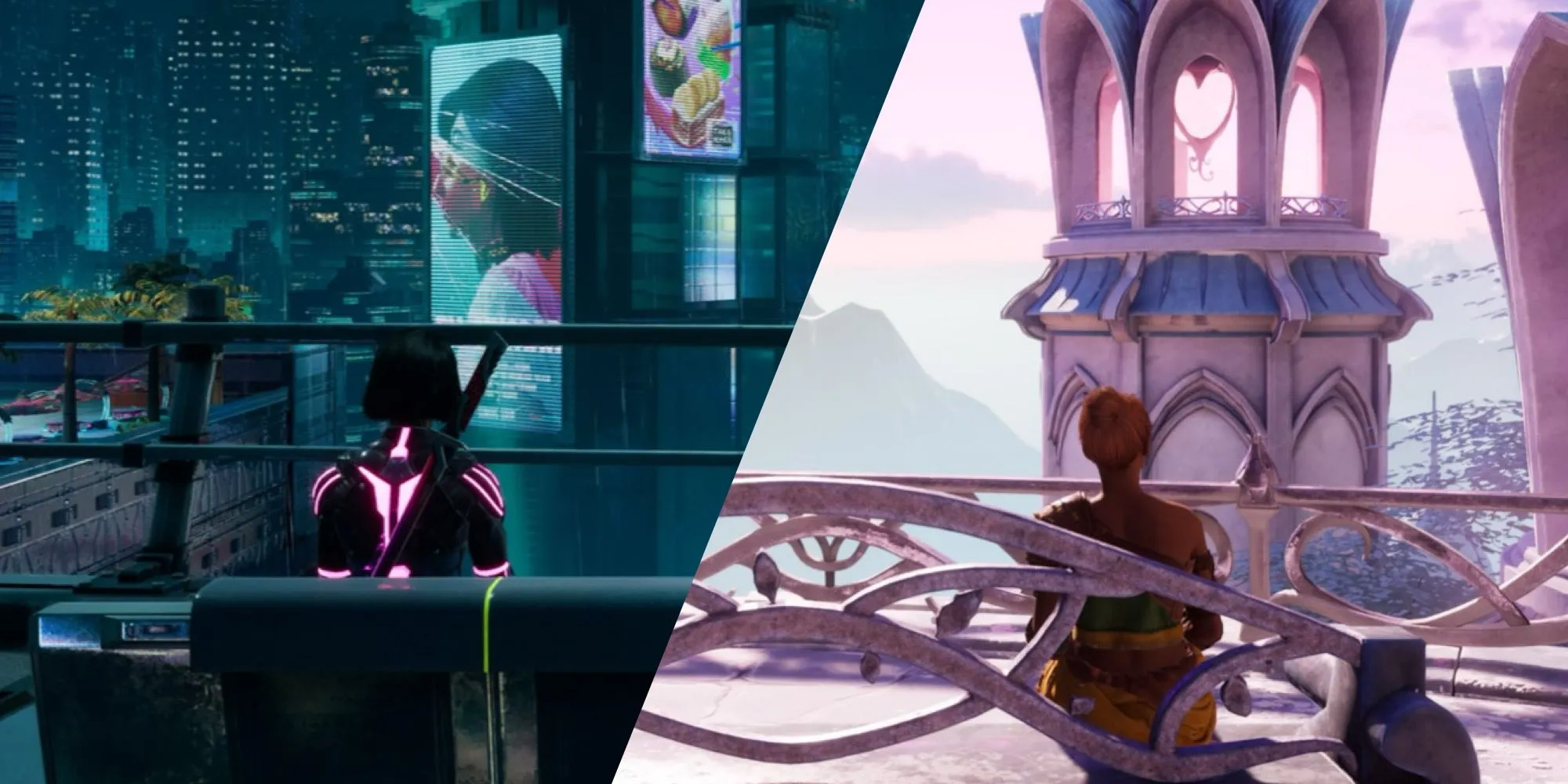 Hai nhân vật ngồi trên băng ghế nhìn ra khung cảnh trong Split Fiction, minh họa cho trophy Sisters: A Tale Of Two Besties