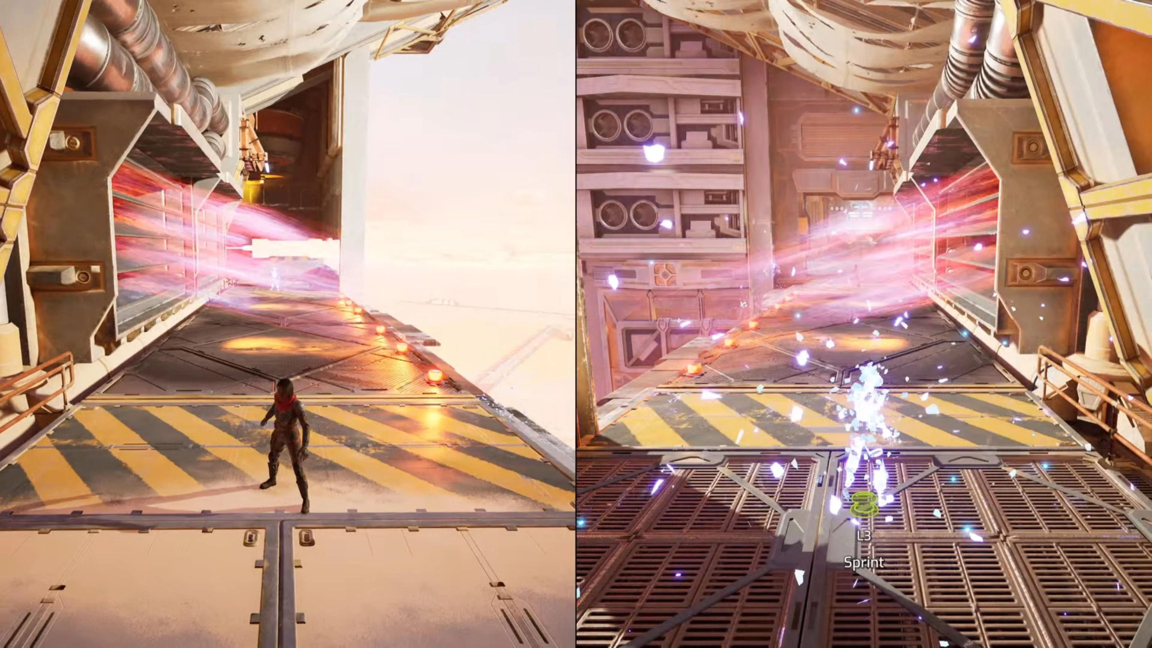 Hướng Dẫn Split Fiction Chương 1: Khởi Đầu Cuộc Phiêu Lưu Song Hành 1 Hai nhân vật trong game Split Fiction chạy dọc theo bức tường trong một hành lang khoa học viễn tưởng