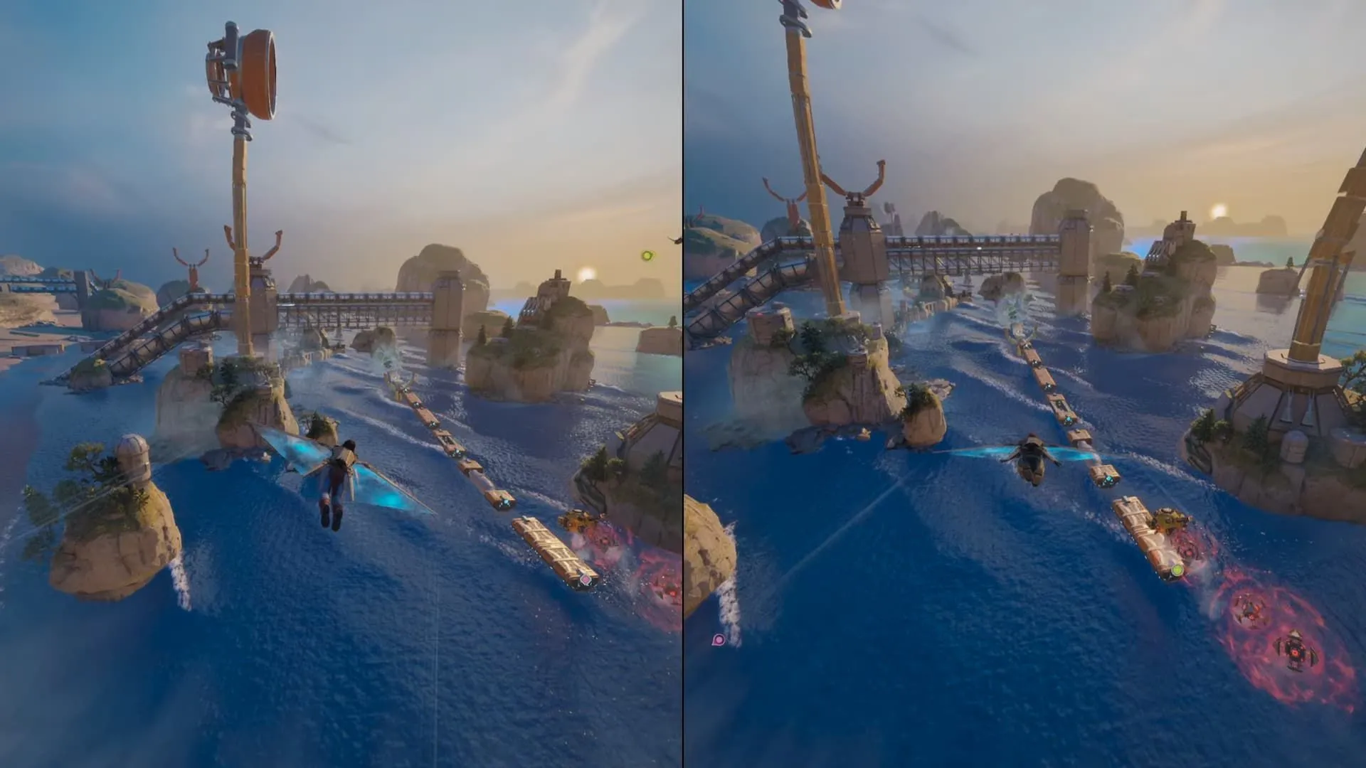 Hai nhân vật Zoe và Mio bay lượn né chướng ngại vật trong màn rượt đuổi Train Heist game Split Fiction