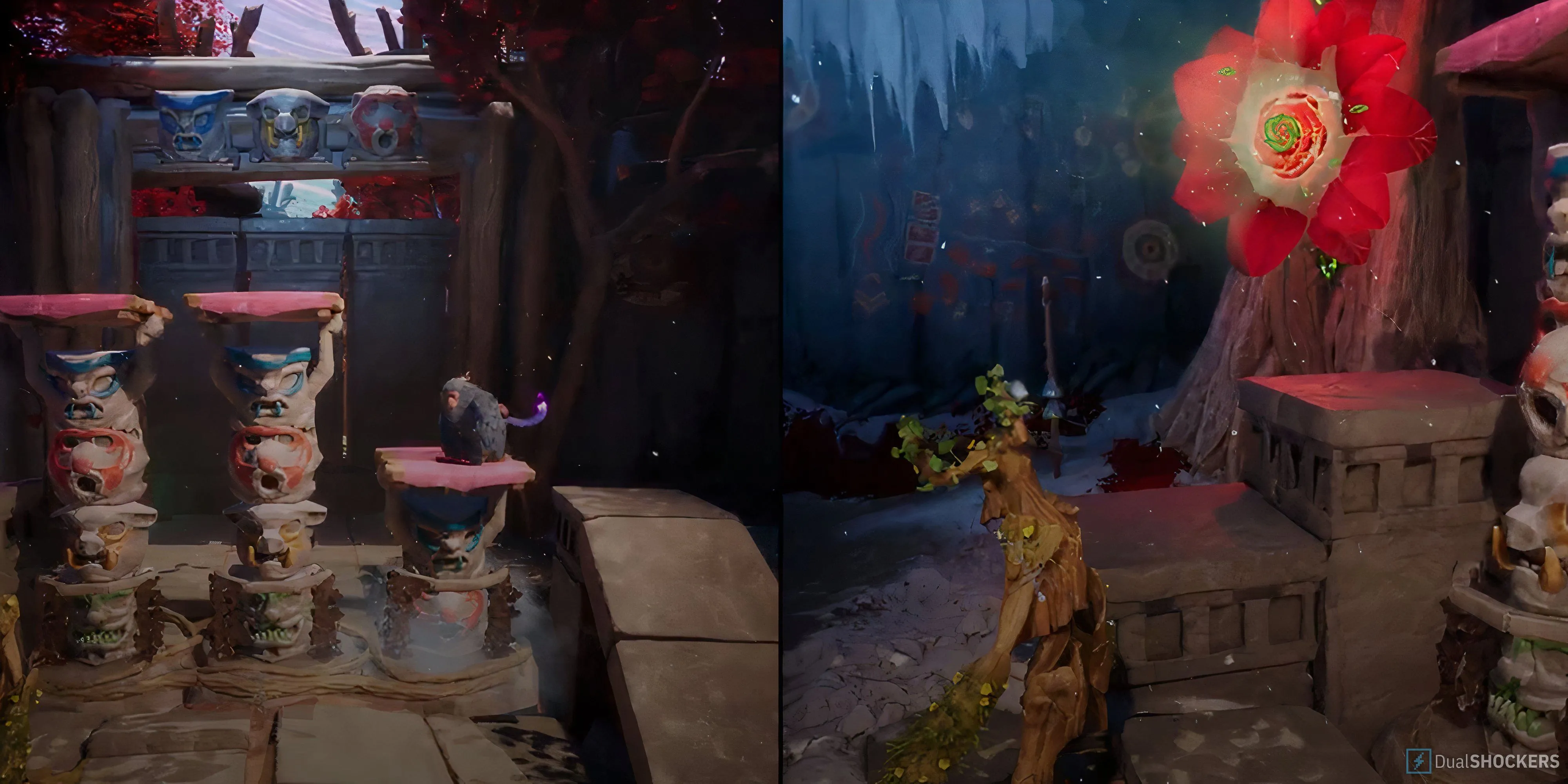 Hai nhân vật Zoe và Mio chuẩn bị giải đố Cột Totem trong game Split Fiction