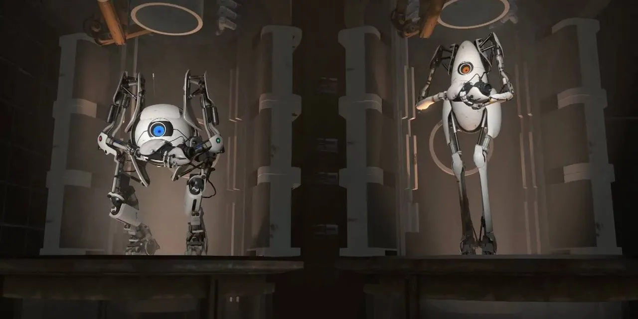 Hai robot Atlas và P-Body trong Portal 2 co-op
