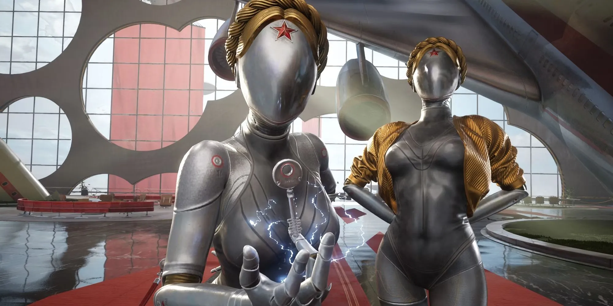 Hai robot nữ song sinh đứng gác trong một cơ sở khoa học của game Atomic Heart, thể hiện công nghệ robot tiên tiến của Liên Xô hư cấu
