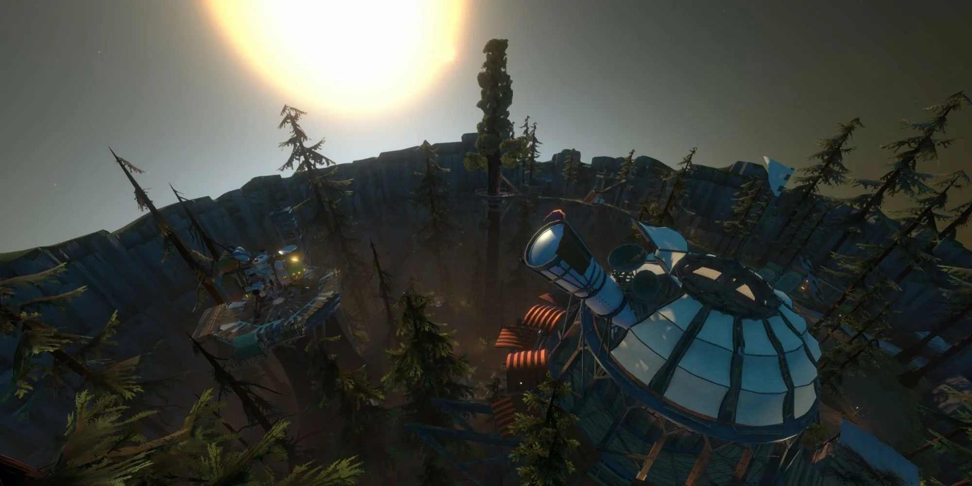 Hành tinh khởi đầu trong game Outer Wilds với tàu vũ trụ và các thiên thể khác ở phía xa