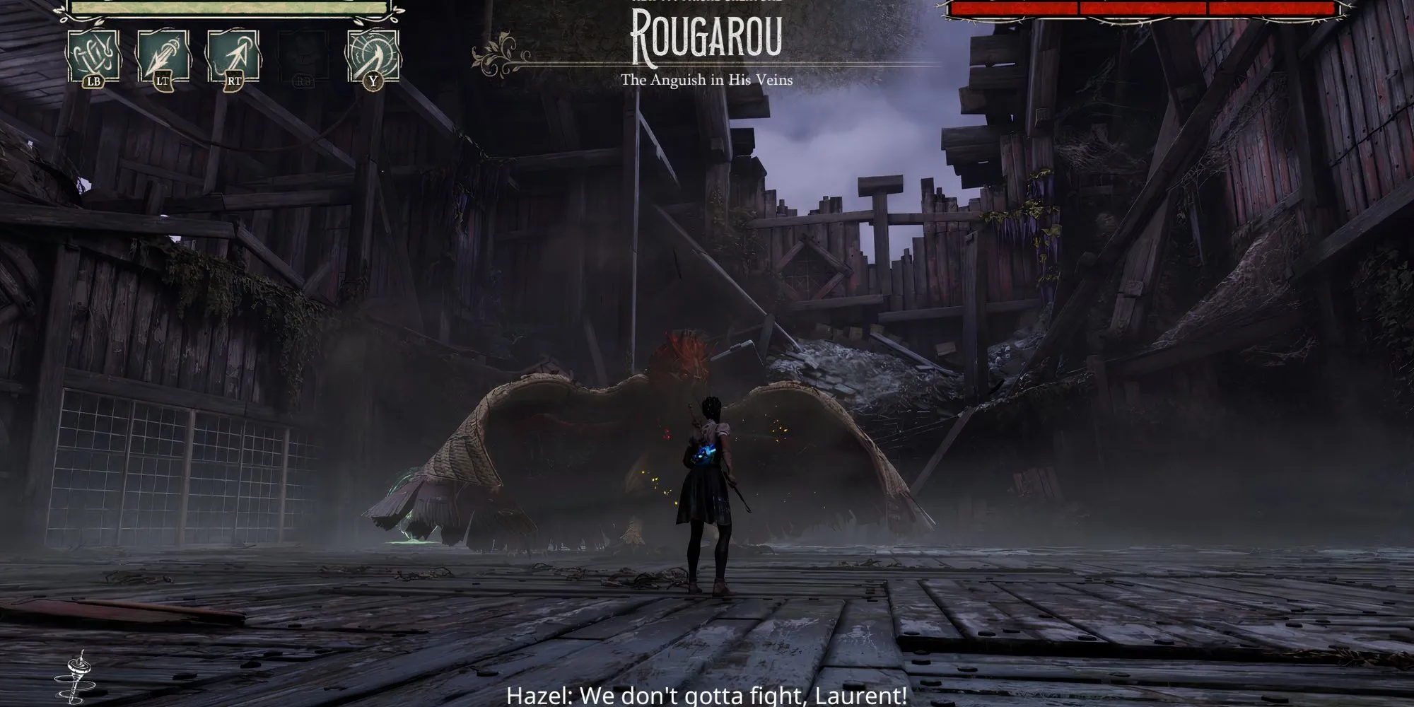 Hazel chiến đấu với boss Rougarou trong một đấu trường tối tăm của South of Midnight
