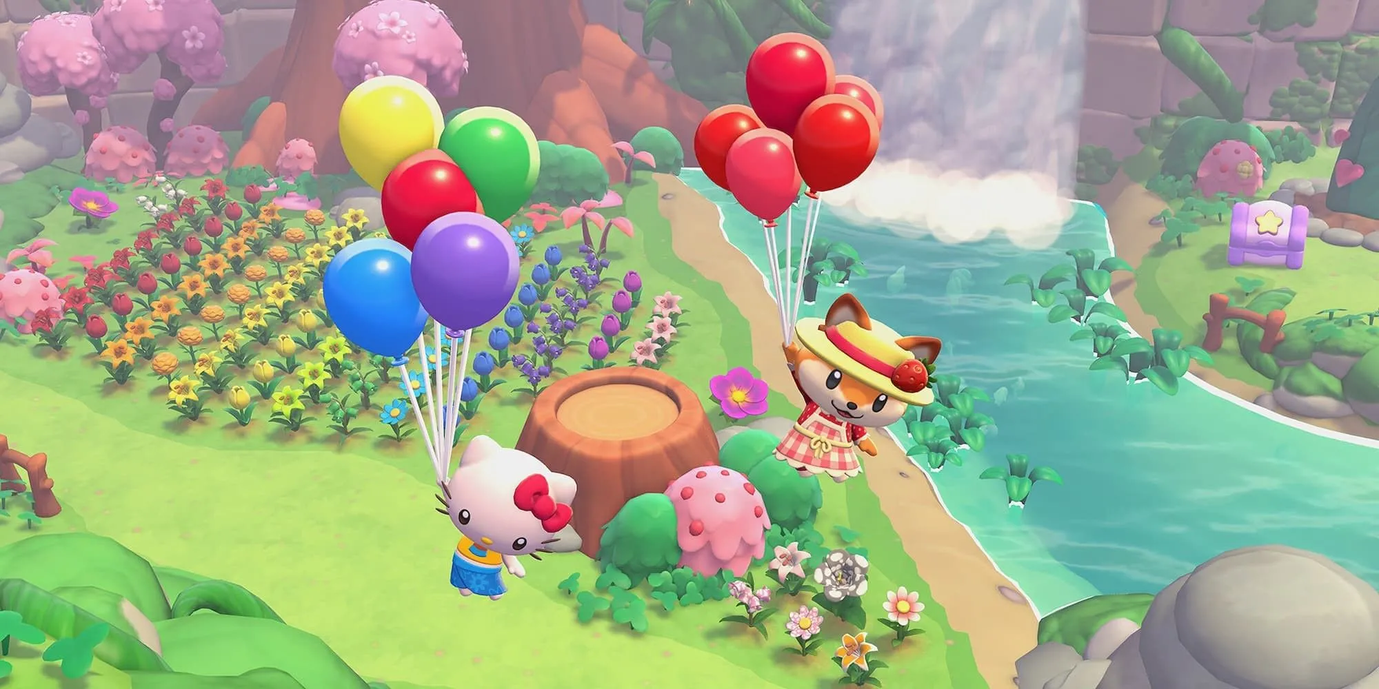 Hello Kitty và Cáo bay bằng bóng bay trong game Hello Kitty Island Adventure