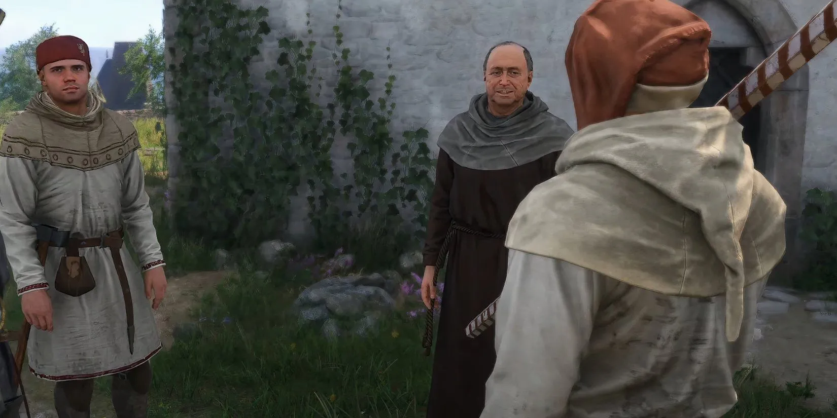 Henry đang đọc lời thề thay Anton trước cha xứ trong Kingdom Come Deliverance 2