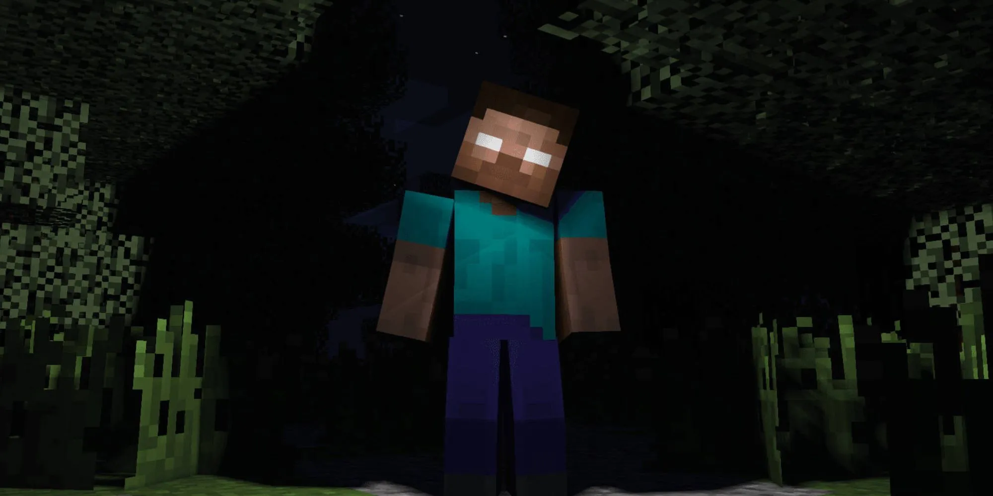 Herobrine trong một khu rừng Minecraft tối tăm huyền bí