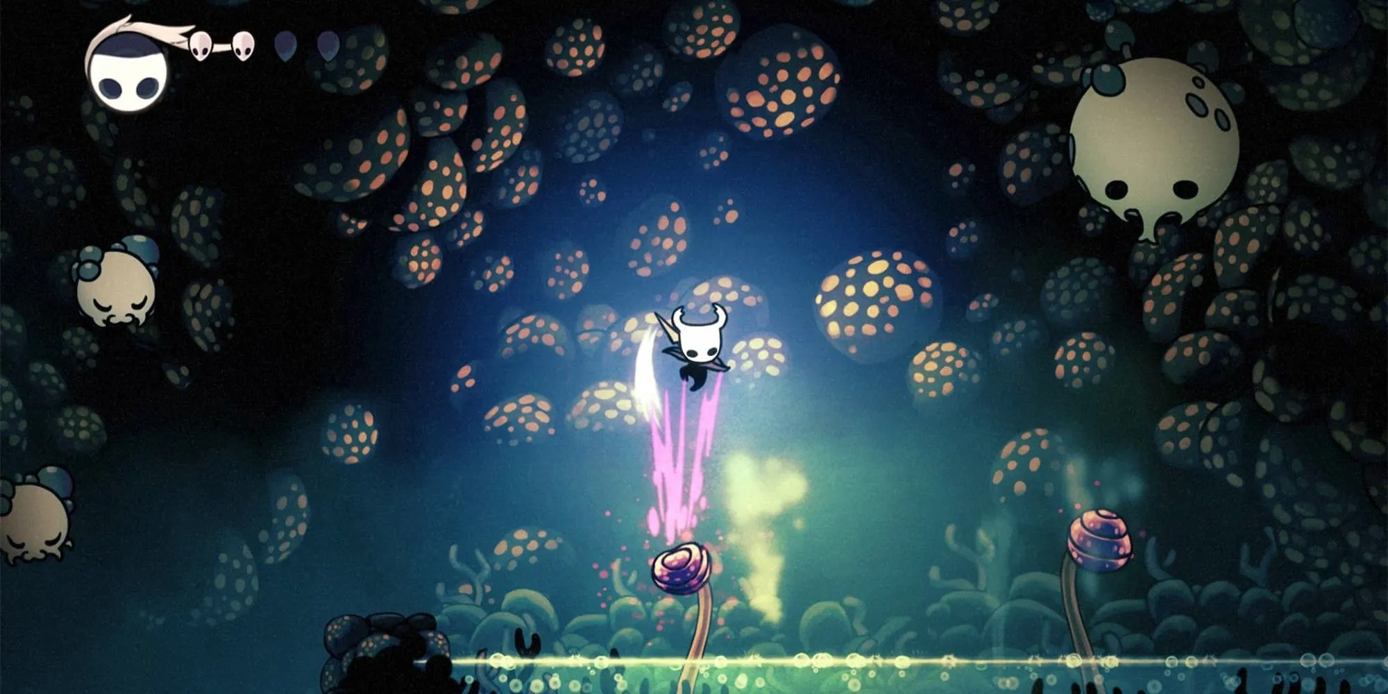 Hiệp sĩ nhỏ bé của Hollow Knight đang thực hiện một cú nhảy trên một chiếc lá lớn trong thế giới côn trùng kỳ ảo