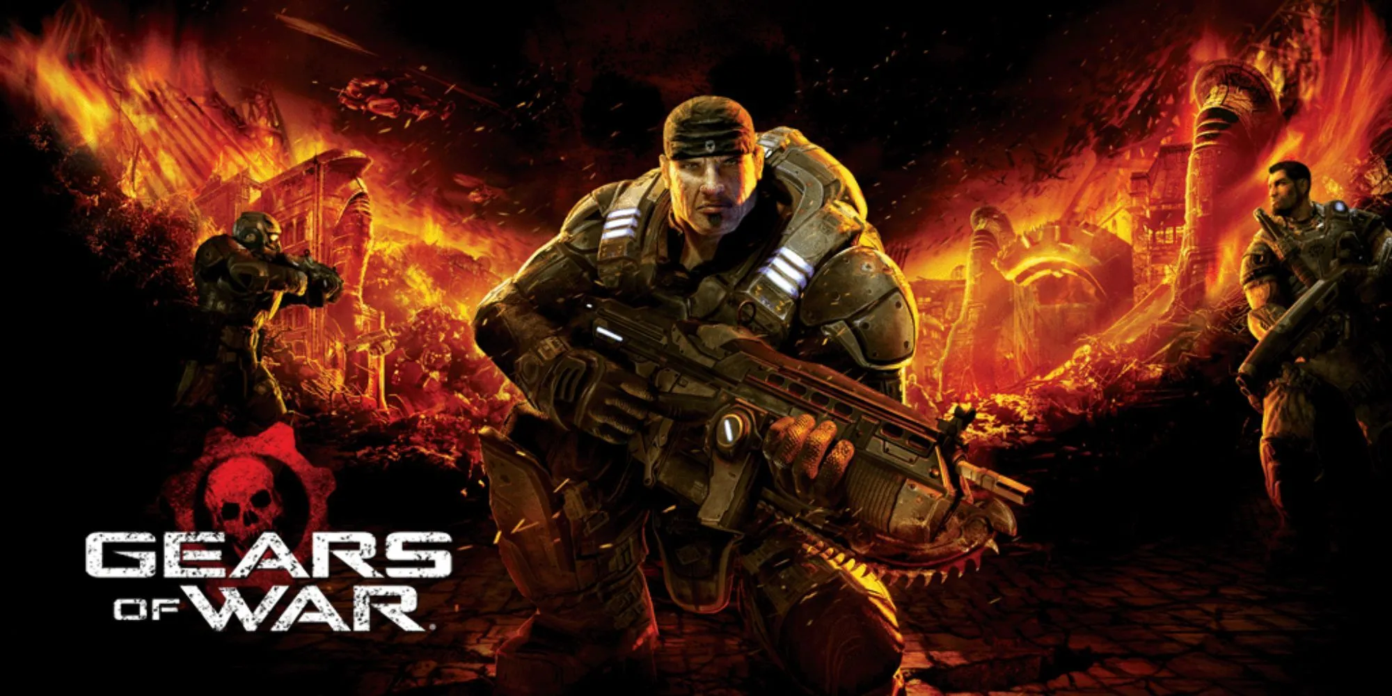 Hình ảnh biểu tượng của series Gears of War với logo và nhân vật chính Marcus Fenix