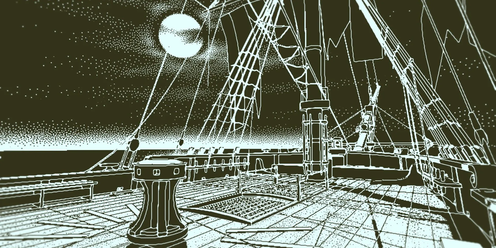 Hình ảnh boong tàu hoang vắng và bí ẩn trong game Return of the Obra Dinn