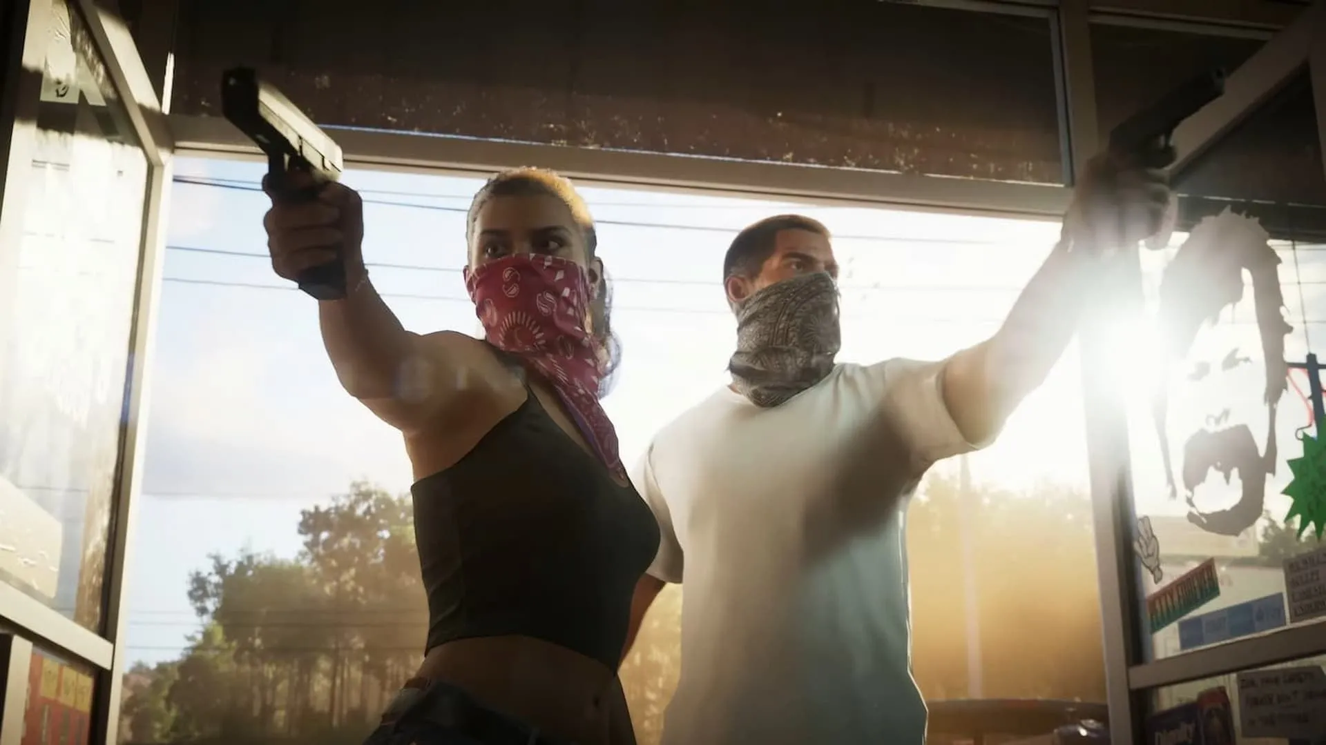 Hình ảnh cặp đôi nhân vật chính Jason và Lucia trong trailer đầu tiên của Grand Theft Auto 6