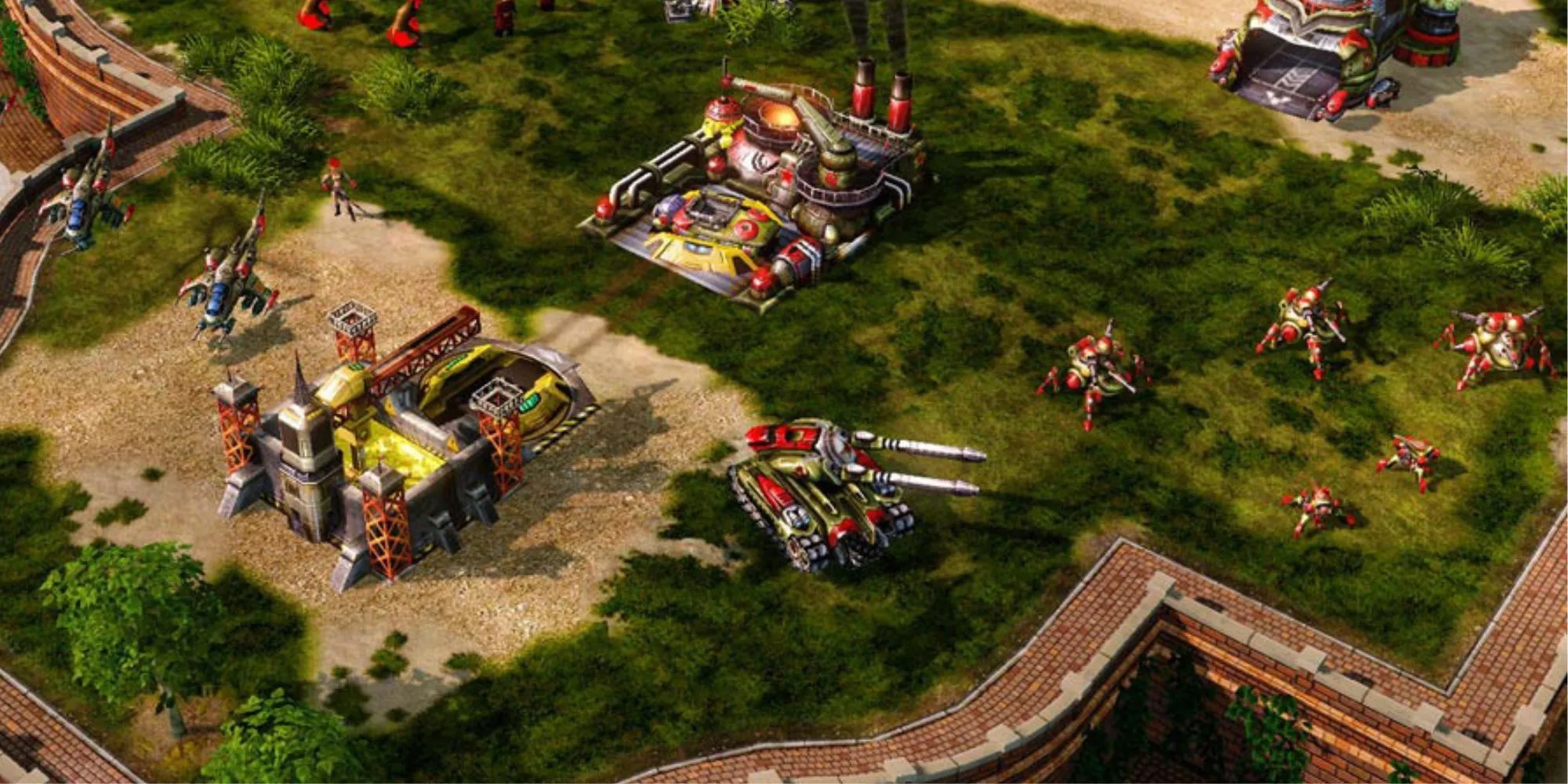 Hình ảnh đại diện cho Command &amp; Conquer Red Alert 3 với các đơn vị quân sự của ba phe phái chính trong game