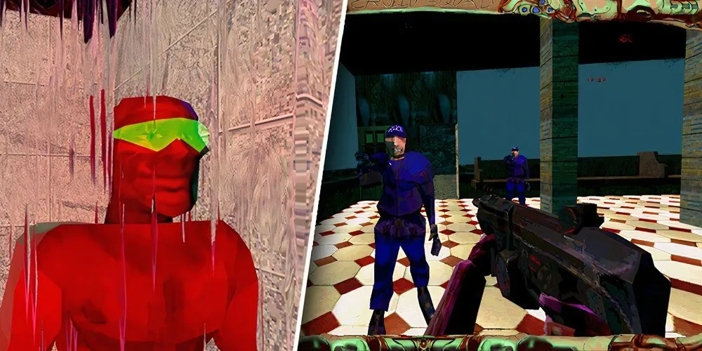 Hình ảnh gameplay đầy màu sắc và kỳ dị của Cruelty Squad, một tựa game immersive sim độc đáo