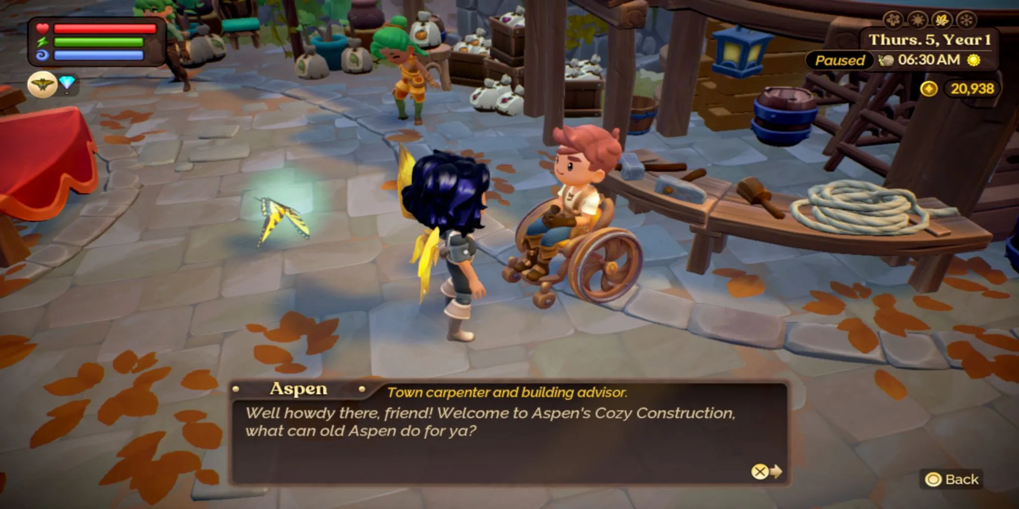 Hình ảnh nhân vật trong Fae Farm đang nói chuyện với NPC Aspen ở trung tâm thị trấn