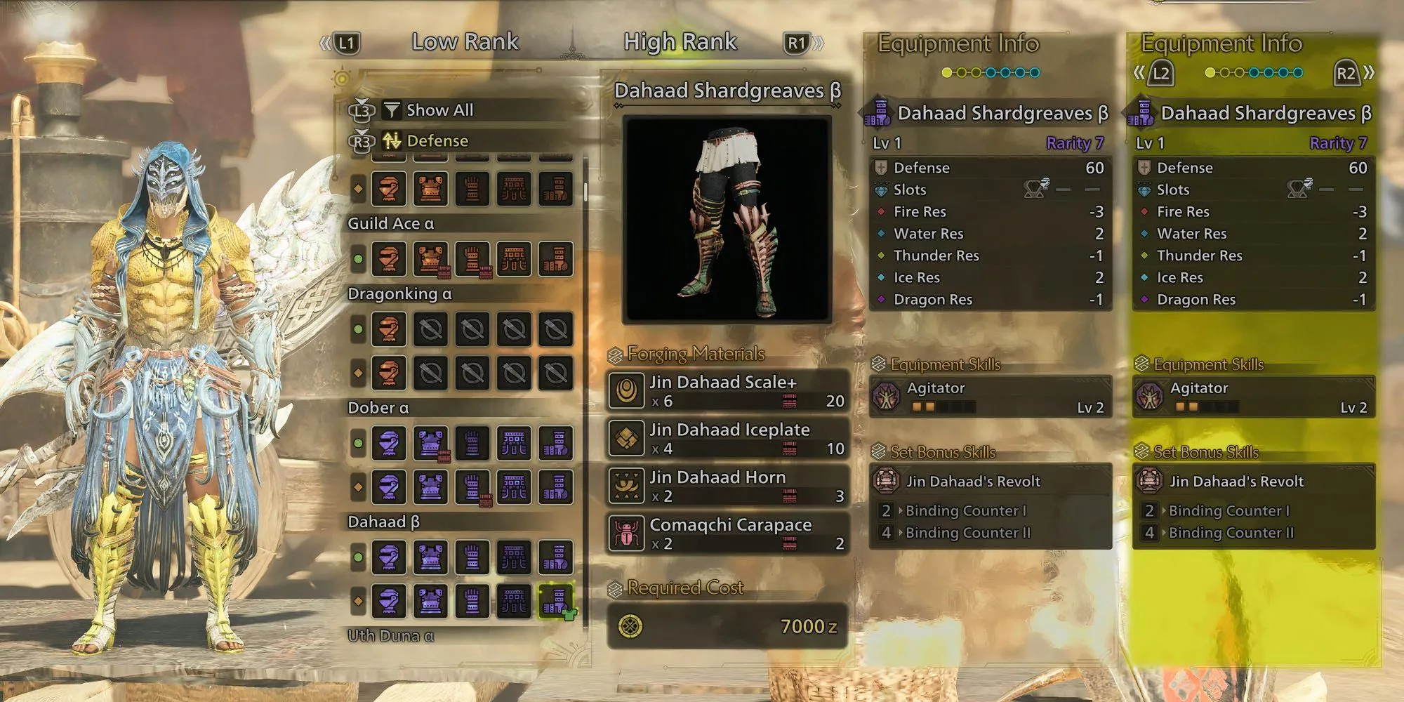 Hình ảnh trang bị giáp chân Dahaad Shardgreaves chế tạo từ Comaqchi Carapace trong Monster Hunter Wilds