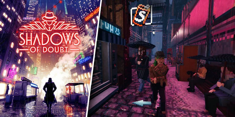 Hình ảnh trong game Shadows of Doubt với phong cách đồ họa pixel art và không khí trinh thám