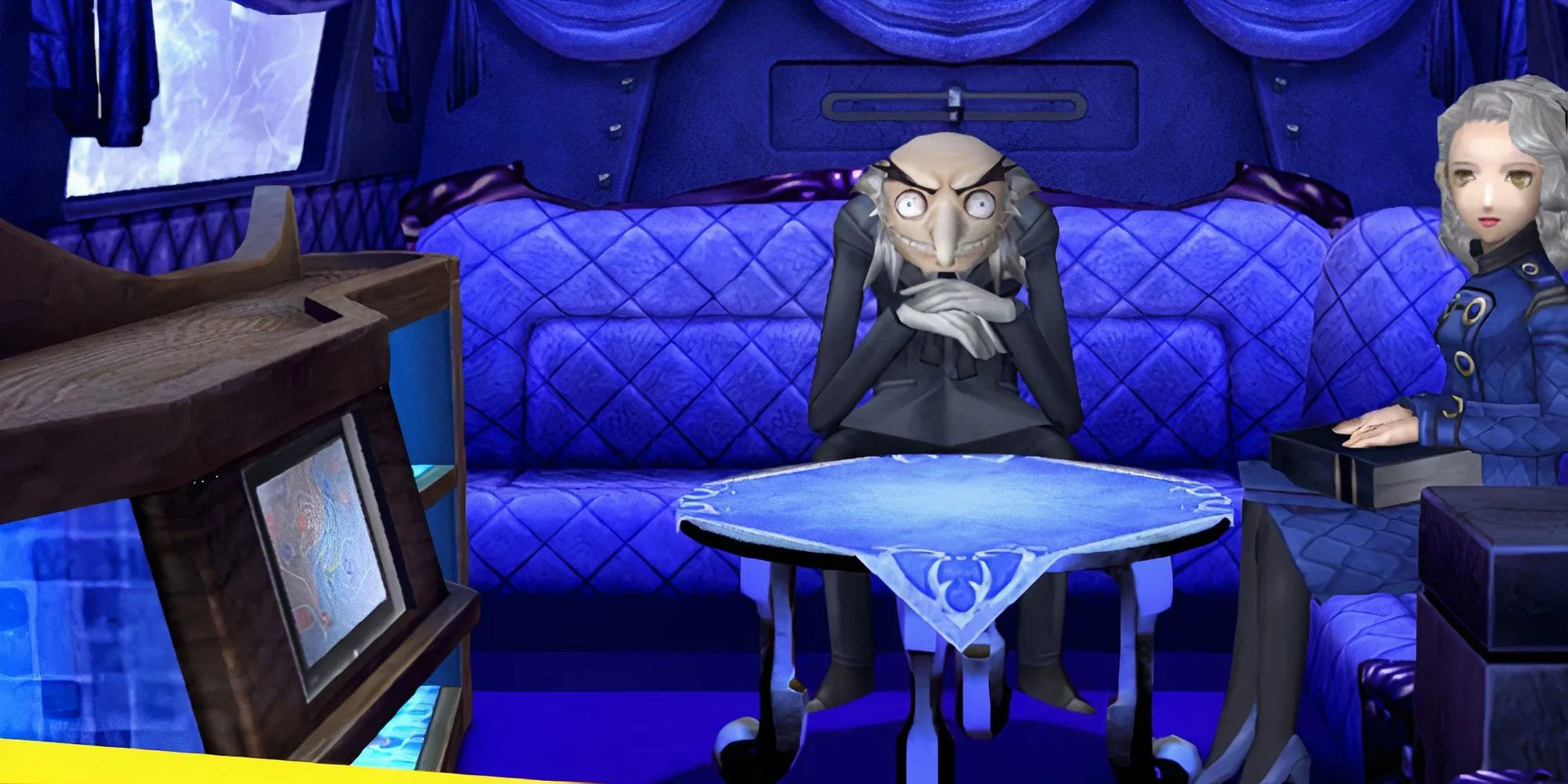 Igor và Marie ngồi bên trong Velvet Room trong Persona 4, một địa điểm mang yếu tố siêu nhiên giống Black Lodge của Twin Peaks