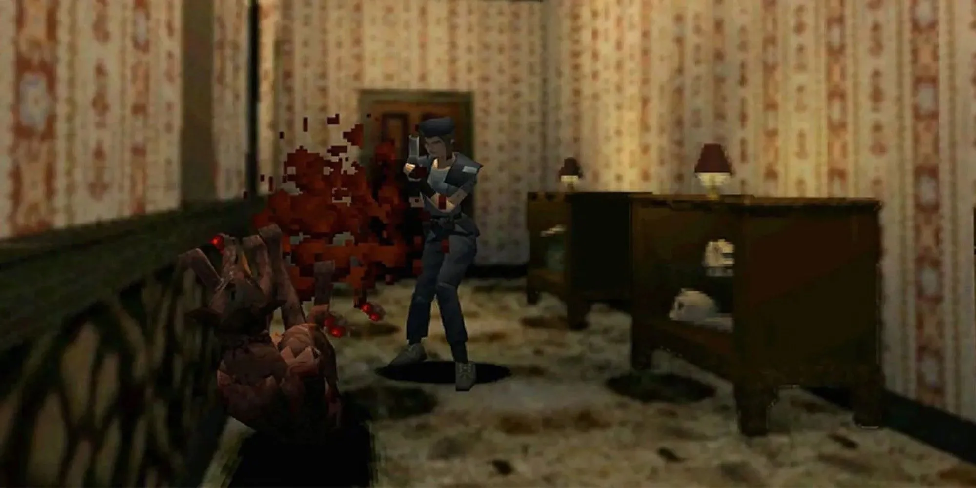 Jill Valentine từ Resident Evil đang bắn một kẻ thù zombie trong dinh thự Spencer