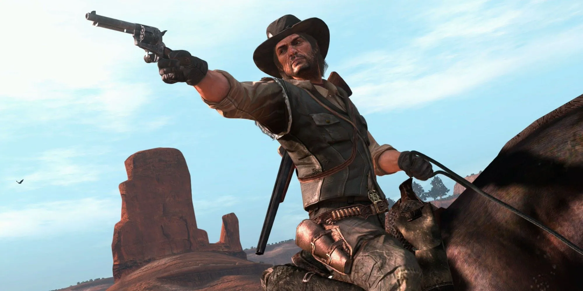 John Marston trên lưng ngựa trong bản port Red Dead Redemption cho Nintendo Switch, một phiên bản gây tranh cãi