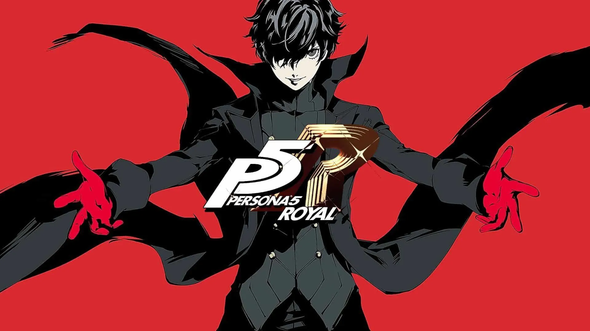 Joker, nhân vật chính của Persona 5 Royal, dang rộng vòng tay trên nền đỏ đen