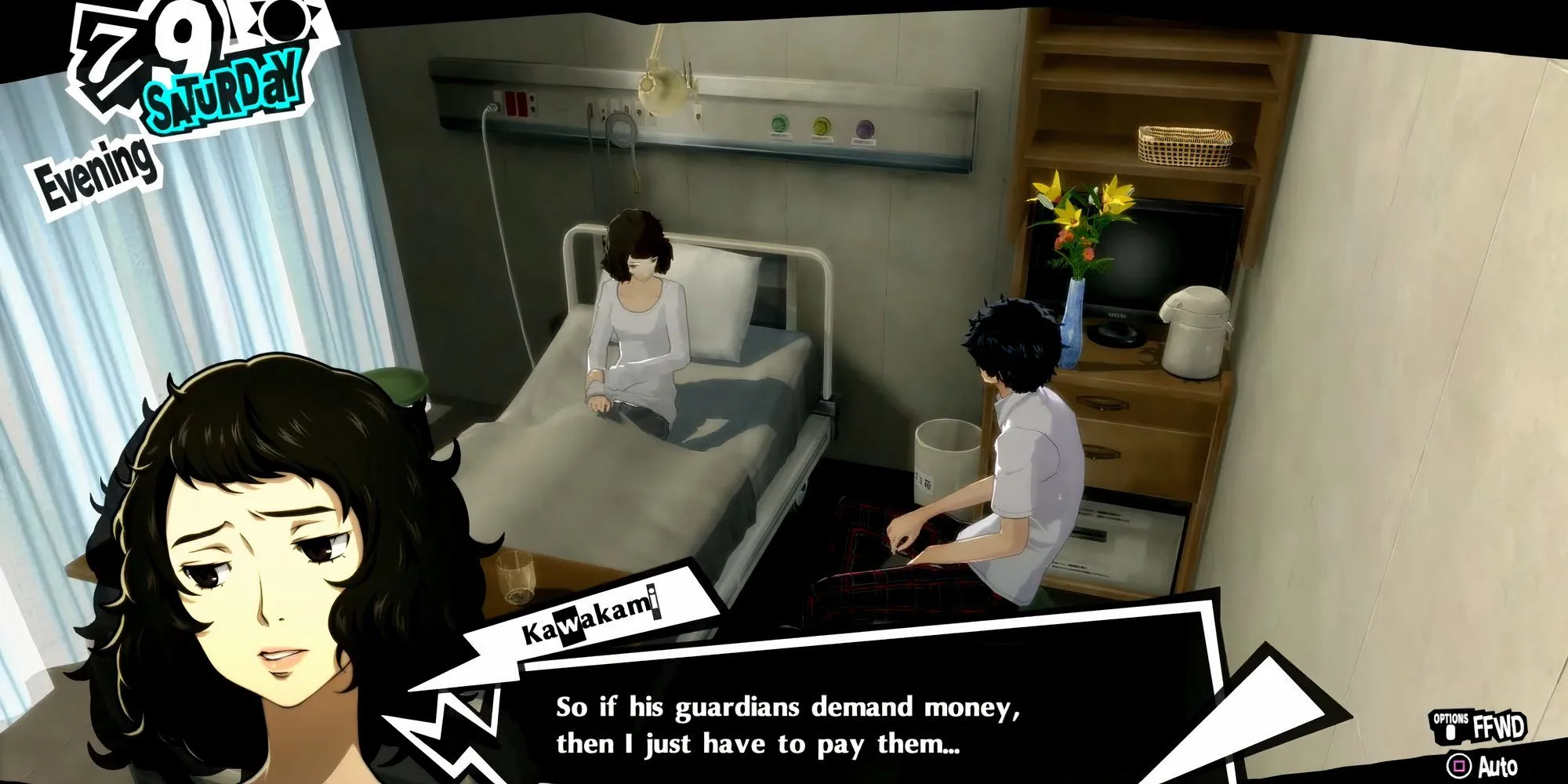 Joker thăm Kawakami trong bệnh viện trong Persona 5 Royal, rank 7 Confidant
