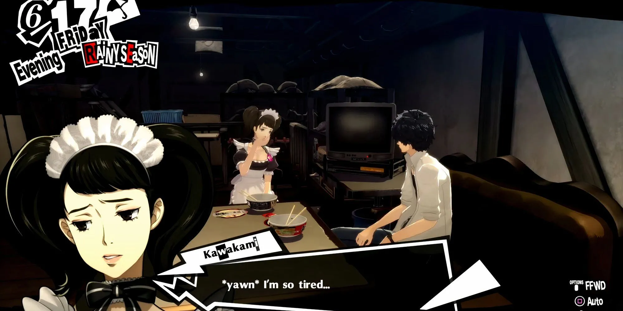 Joker và Kawakami ăn mì ramen trong Persona 5 Royal, rank 3 Confidant