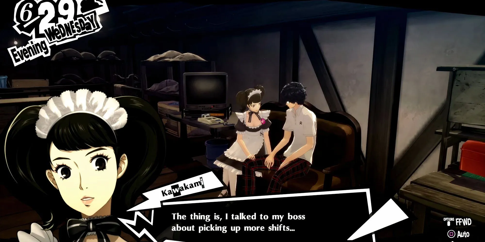 Joker và Kawakami ngồi cùng nhau trong phòng Joker tại Persona 5 Royal, rank 4 Confidant