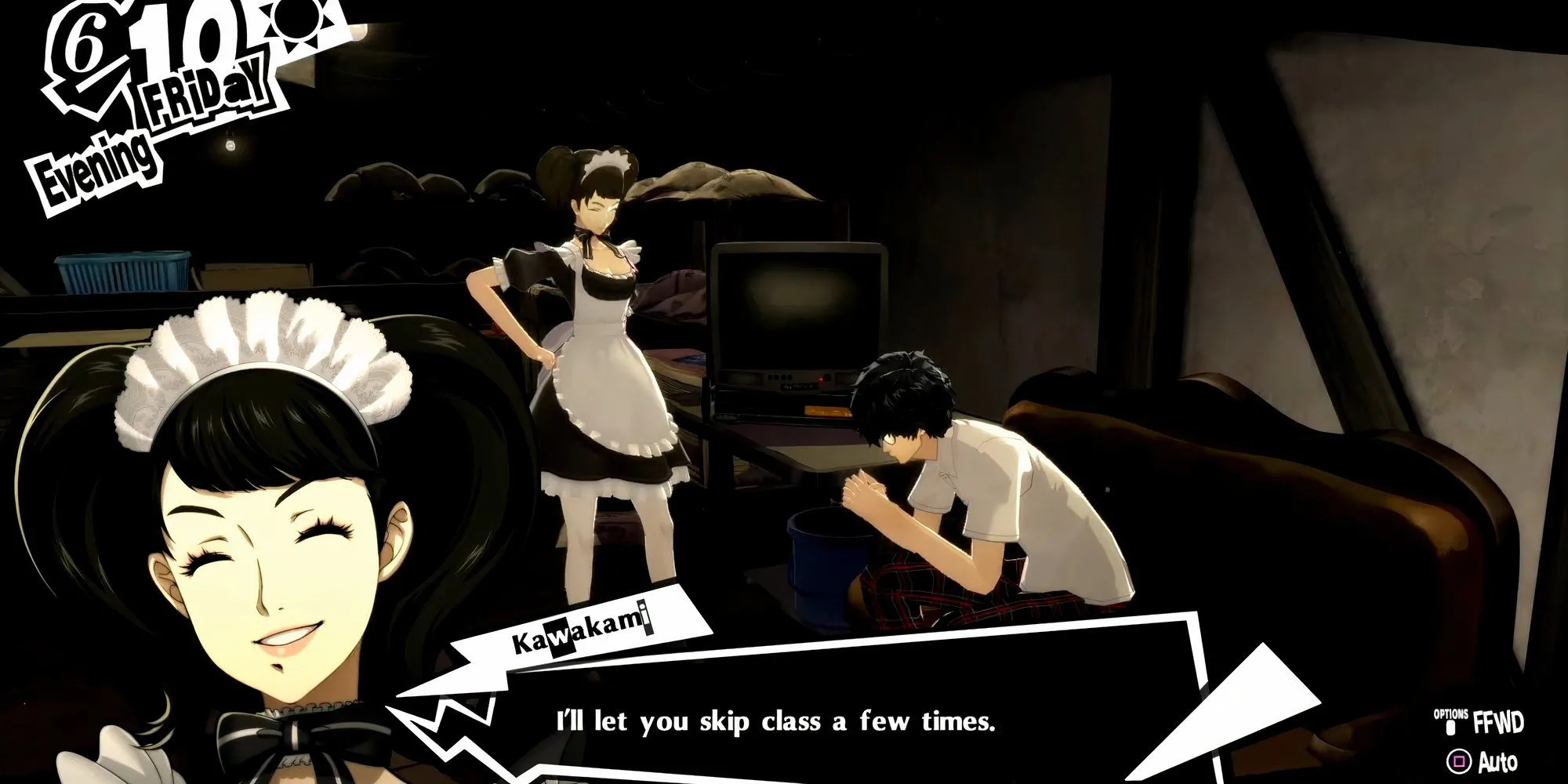 Joker và Kawakami tại quán cà phê Leblanc trong Persona 5 Royal, rank 1 Confidant