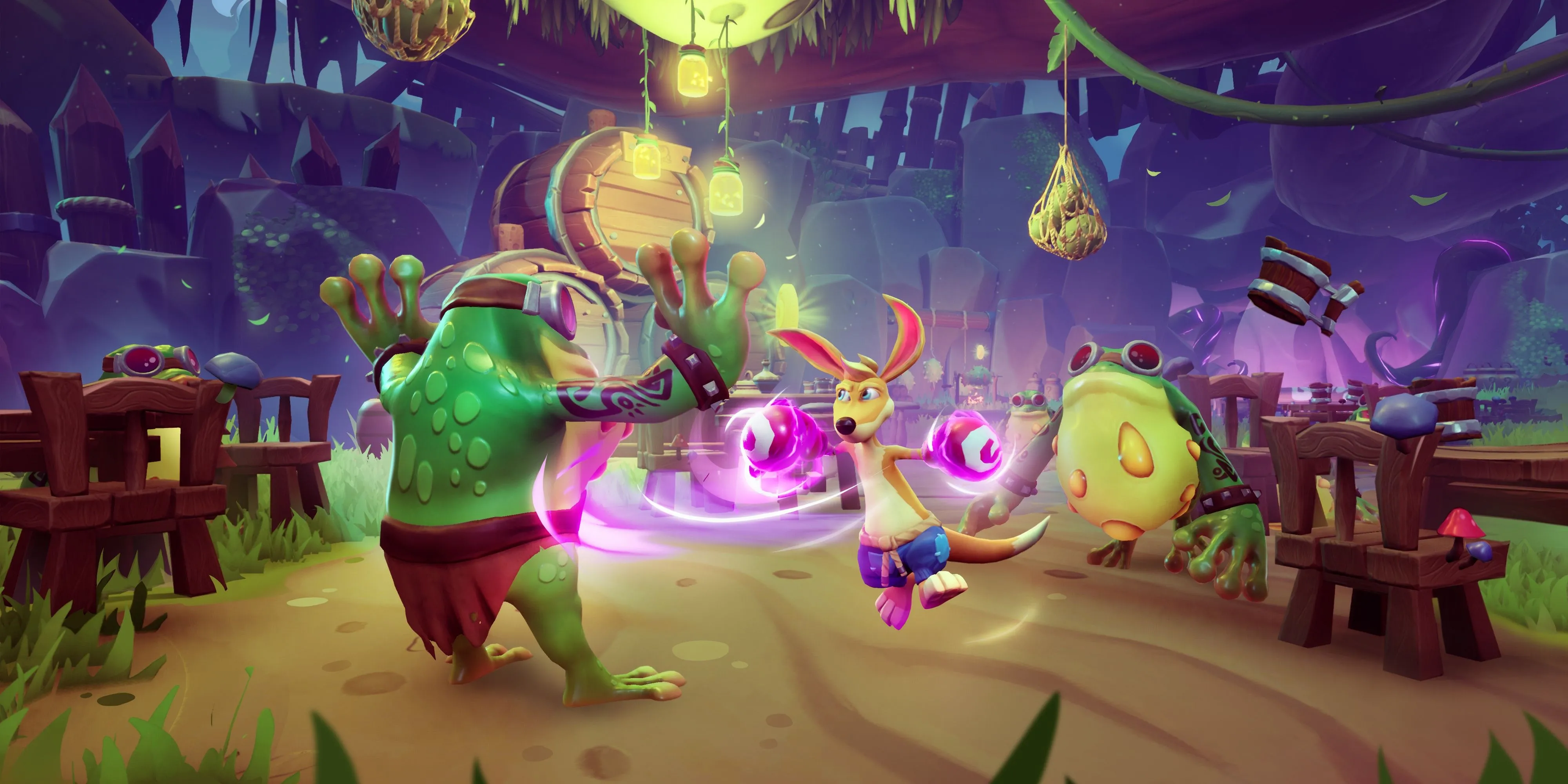 Kao chiến đấu với kẻ thù ếch trong tựa game platformer Kao the Kangaroo 2022