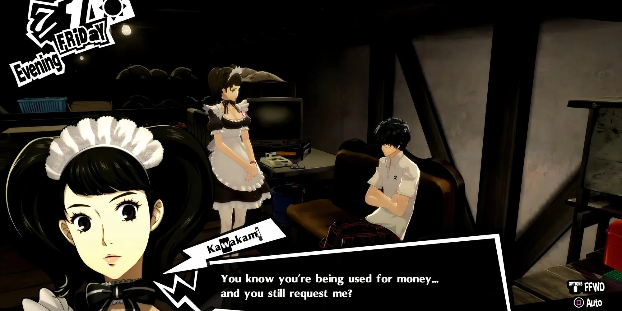 Kawakami nói chuyện với Joker tại quán cà phê Leblanc trong Persona 5 Royal, rank 5 Confidant