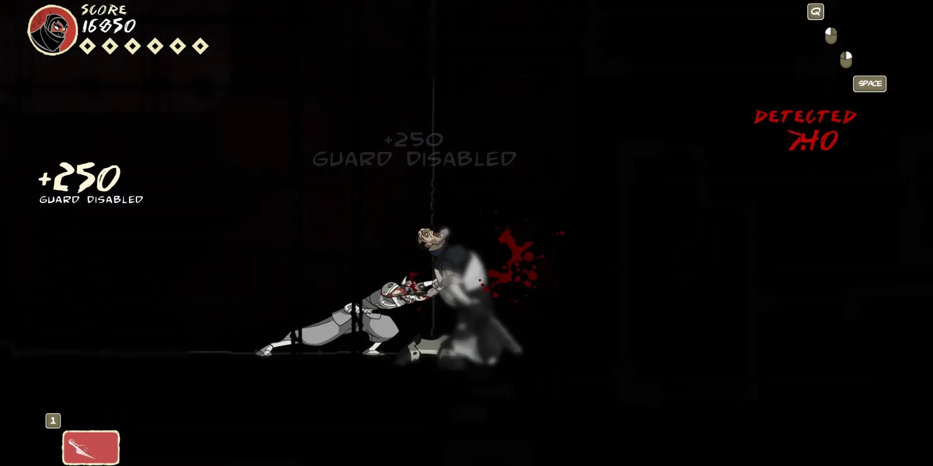 Kelly, một trong những tên trùm trong Mark of the Ninja, đang sử dụng súng máy hạng nặng để tấn công người chơi ninja