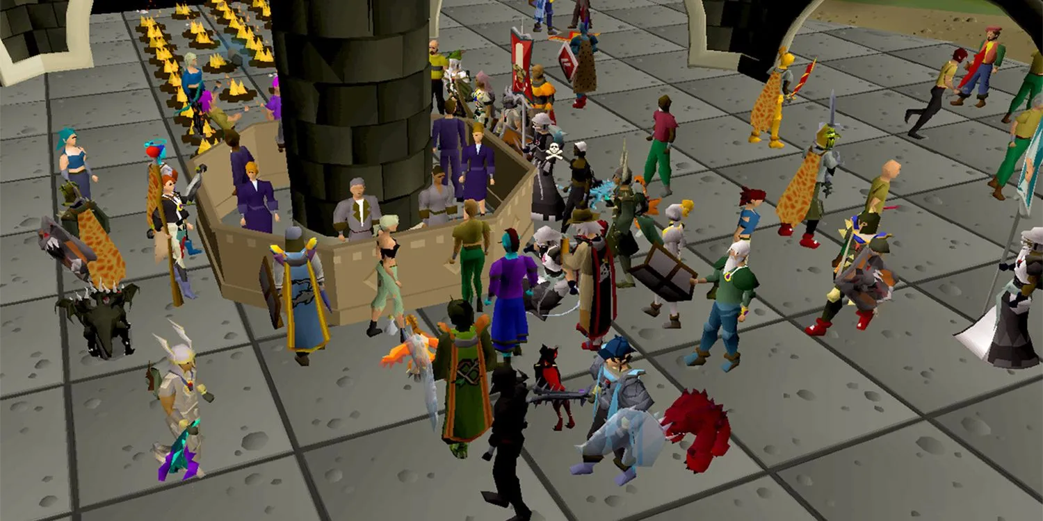 Khu vực đông người chơi trong Old School RuneScape với đồ họa MMO cổ điển