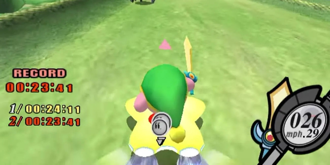 Kirby và các nhân vật đang đua trên đường đua xanh mướt trong Kirby Air Ride