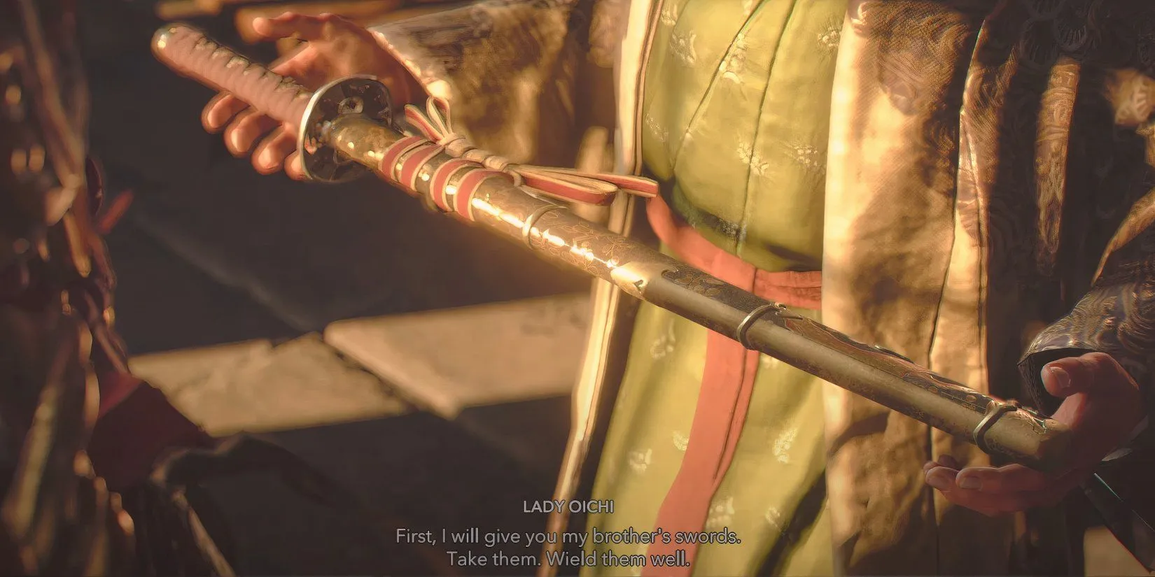 Lady Oichi trao cho Yasuke thanh kiếm của chồng cũ mình