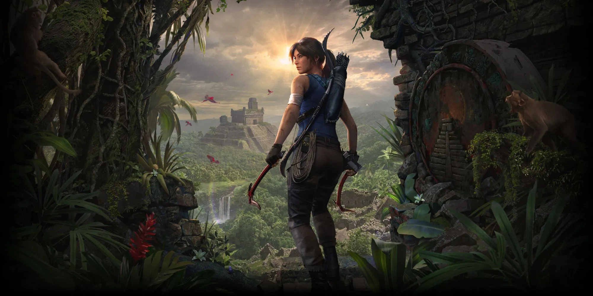 Lara Croft đang ẩn mình trong rừng rậm Nam Mỹ, chuẩn bị cho một cuộc chạm trán trong Shadow of the Tomb Raider.