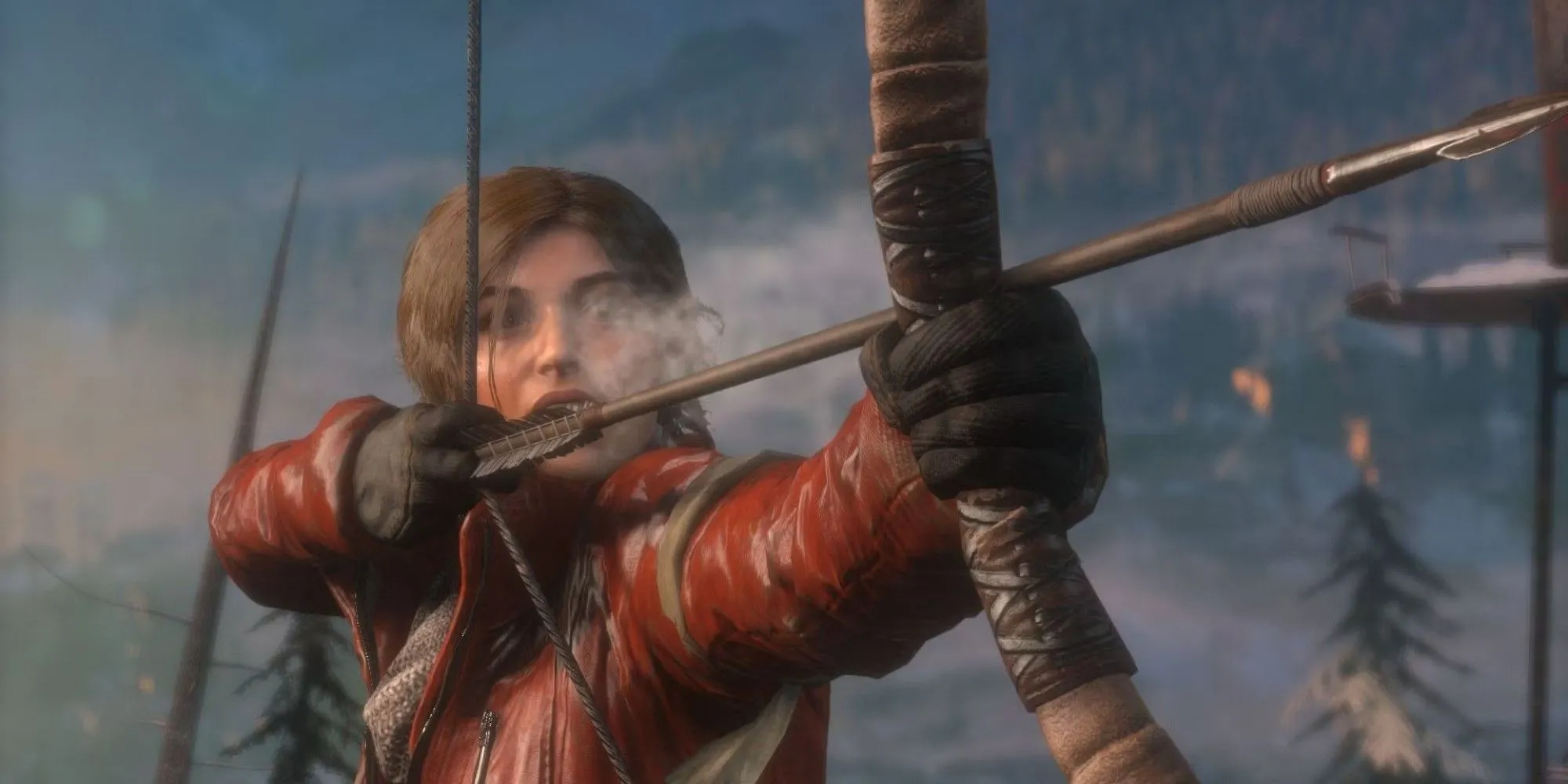 Lara Croft sử dụng cung tên điêu luyện trong khung cảnh tuyết trắng của Rise of the Tomb Raider