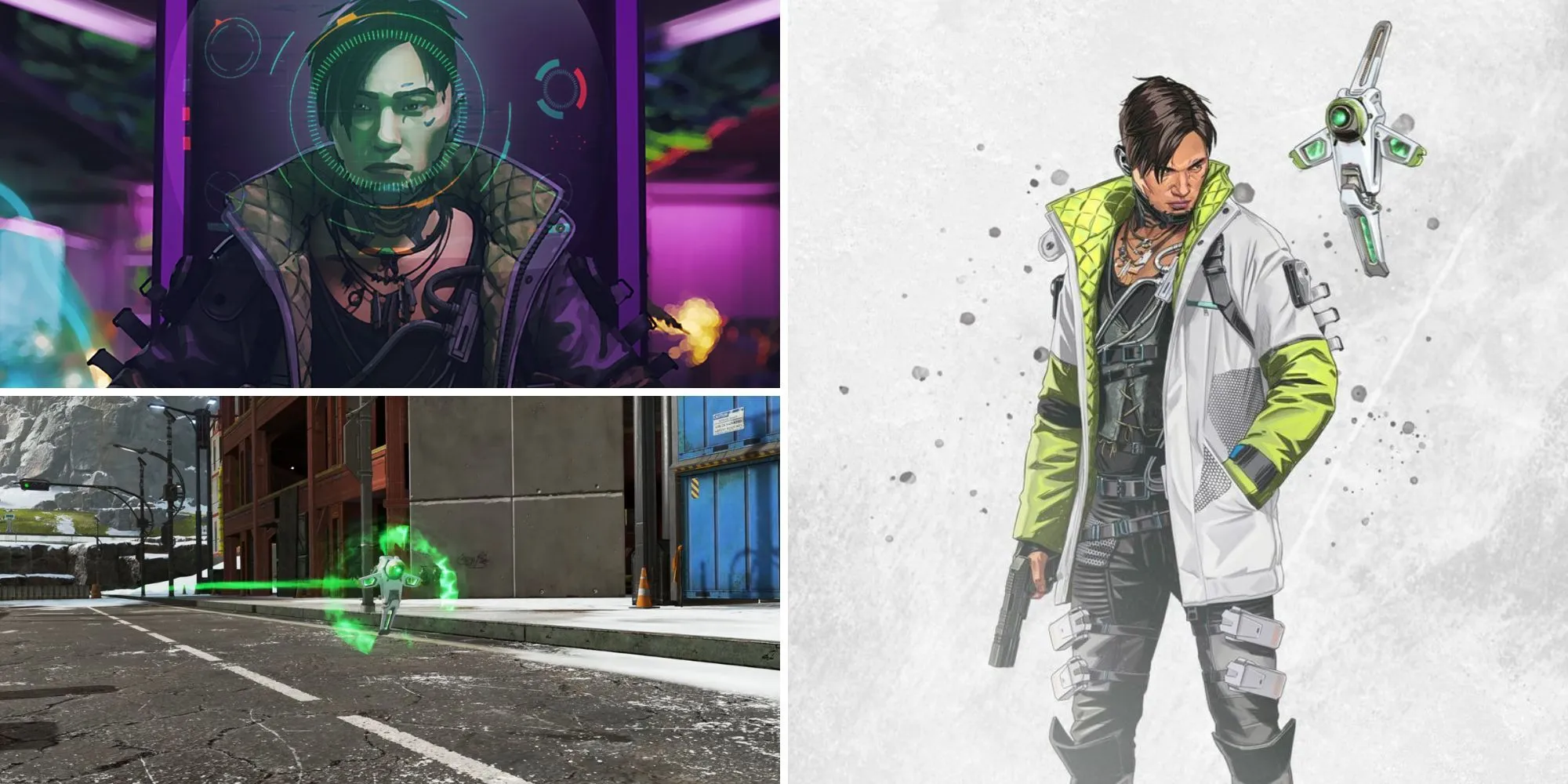 Legend Crypto đang điều khiển drone do thám trong một khu phố đổ nát của Apex Legends