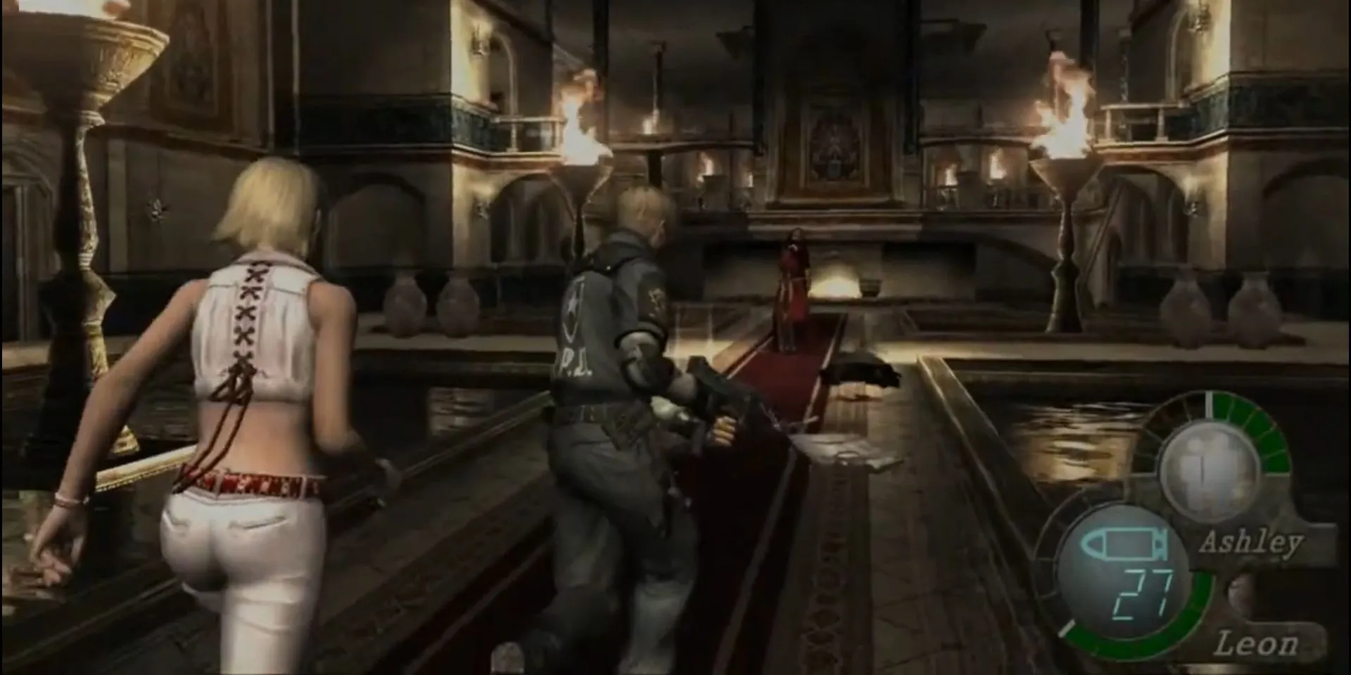 Leon và Ashley trong phòng Nước đầy thử thách của Resident Evil 4 (2005)