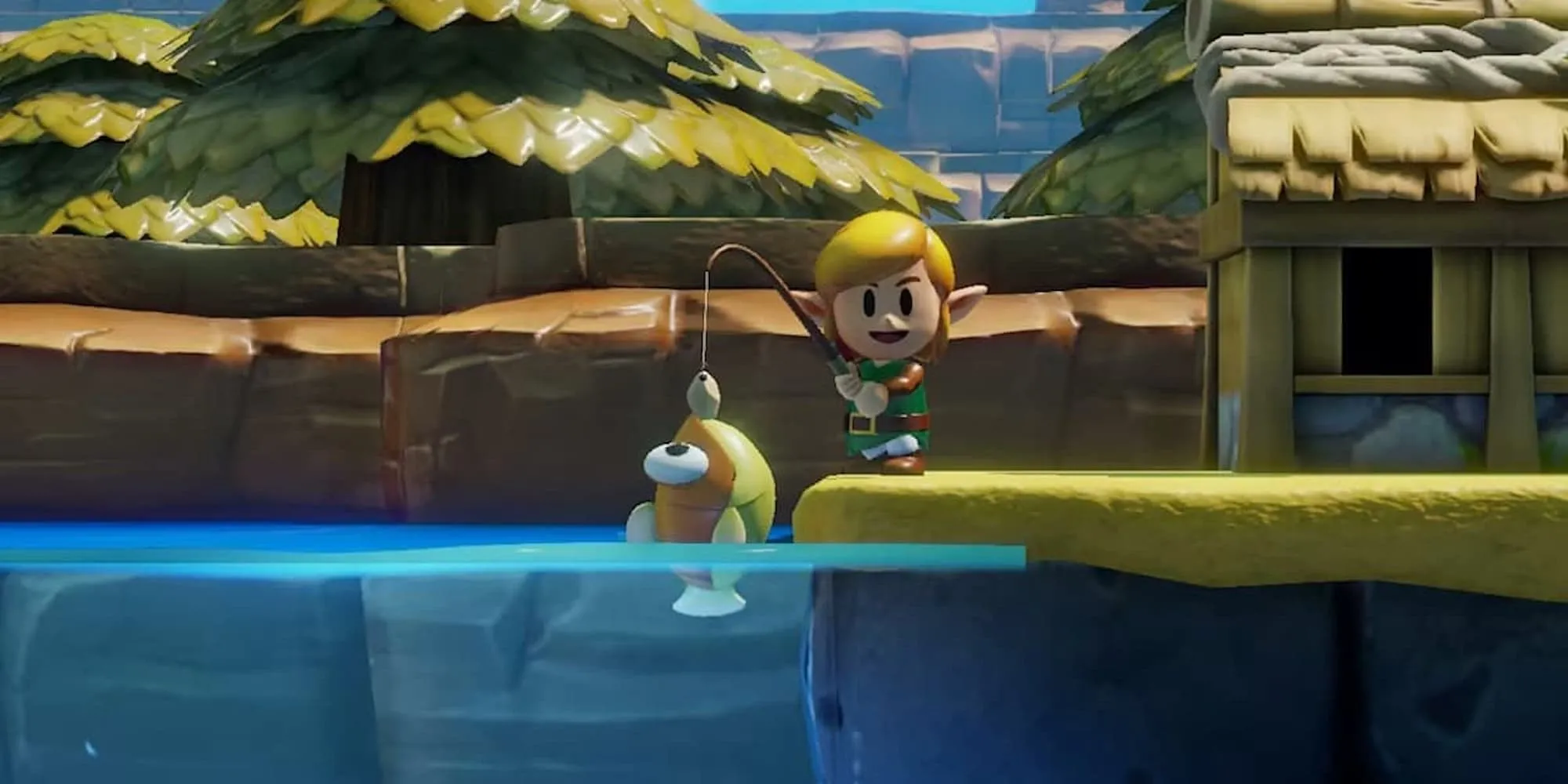 Link chibi đang câu cá trong game The Legend of Zelda Link's Awakening