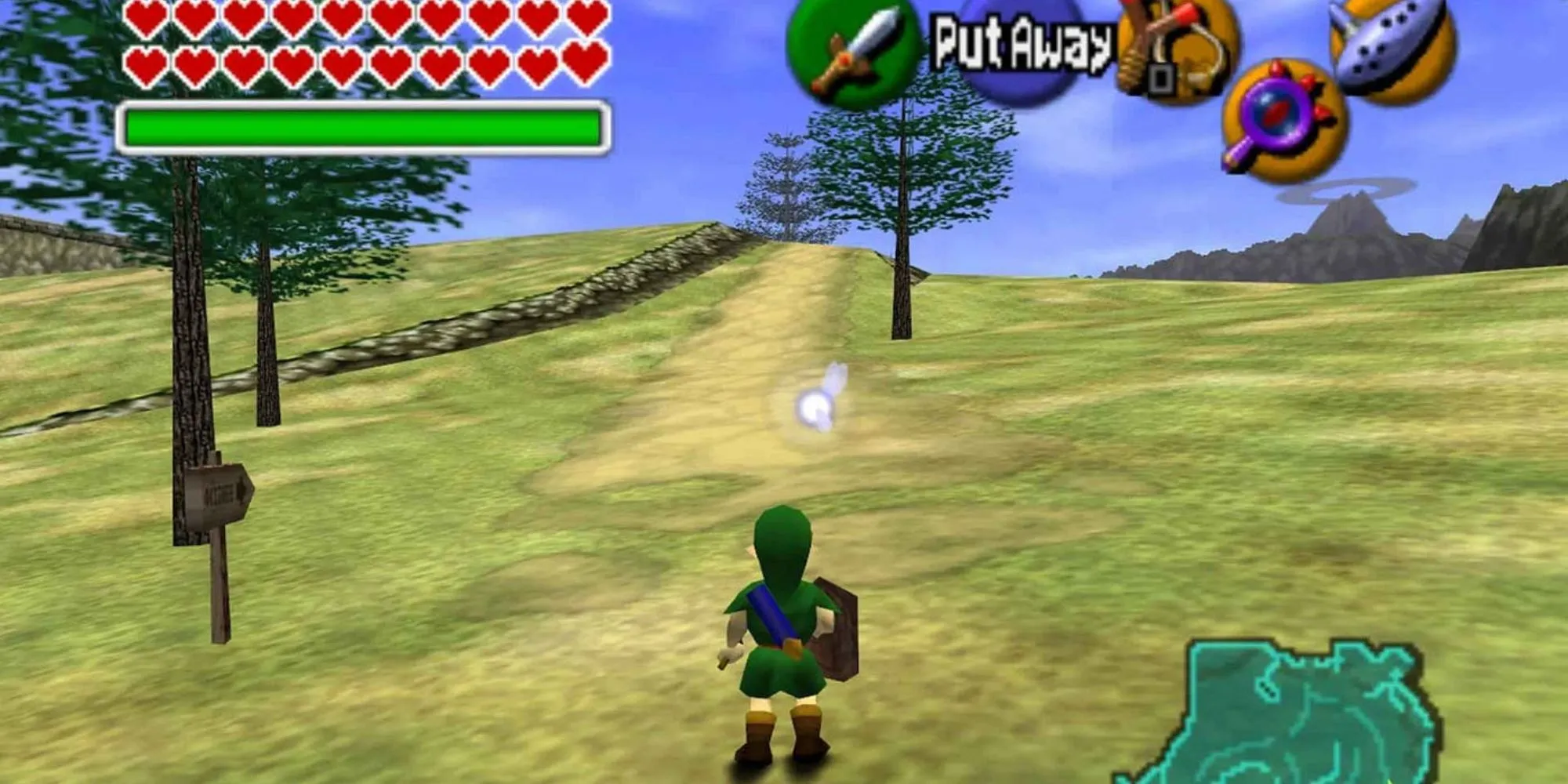 Link khám phá vùng đất Hyrule trong The Legend of Zelda Ocarina of Time với đồ họa N64