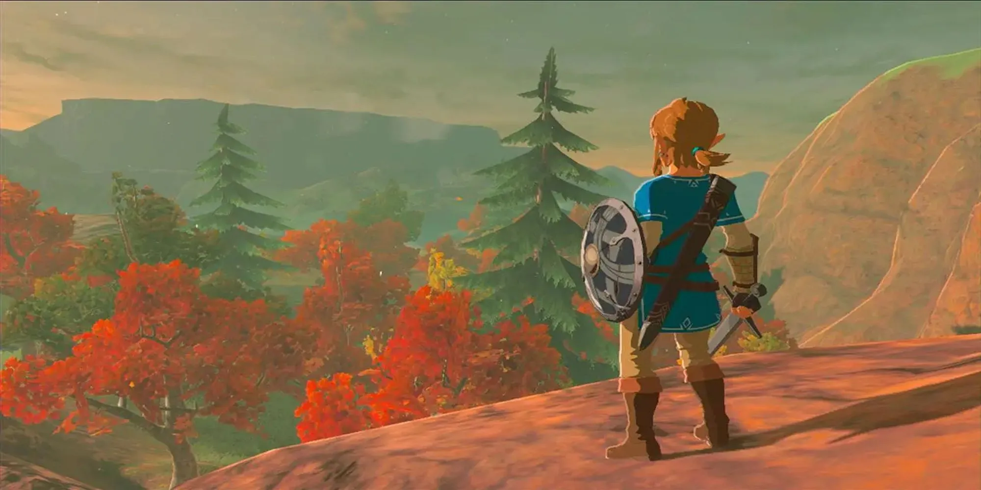 Link nhìn ra vách đá trong The Legend of Zelda: Breath of the Wild với phong cảnh rộng lớn
