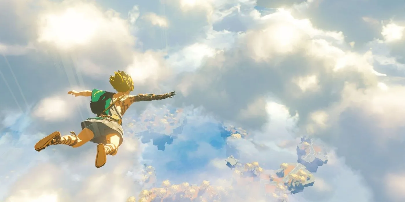 Link rơi từ các hòn đảo trên trời xuống Hyrule trong The Legend of Zelda: Tears of the Kingdom
