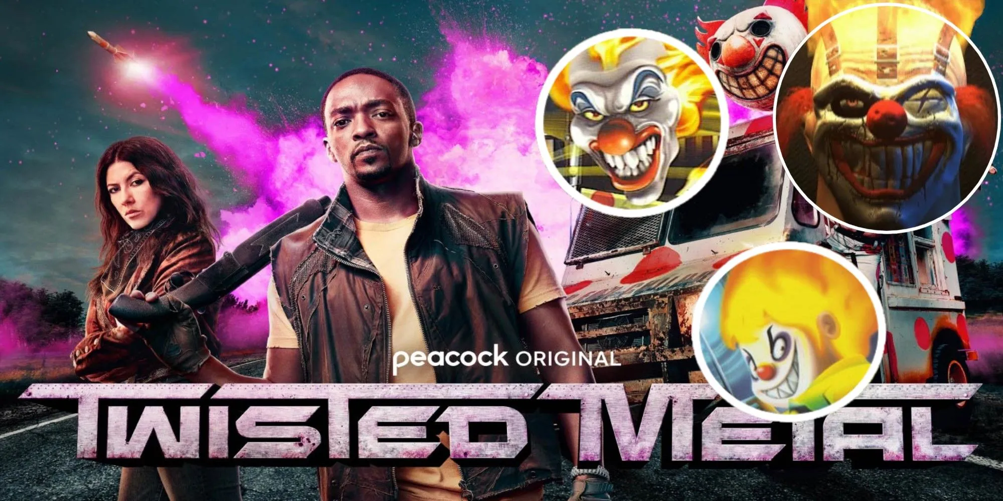 Logo phim Twisted Metal và các nhân vật game Sweet Tooth, Black, Small Brawl