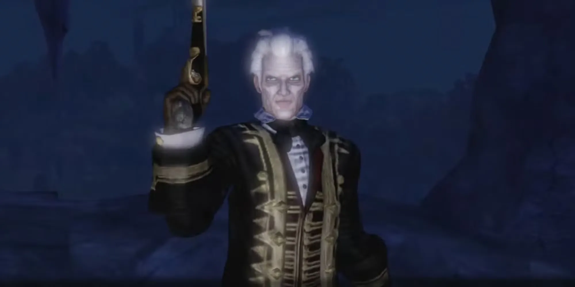 Lucien Fairfax, nhân vật phản diện chính trong Fable 2, đứng với vẻ quyền uy và bí ẩn.