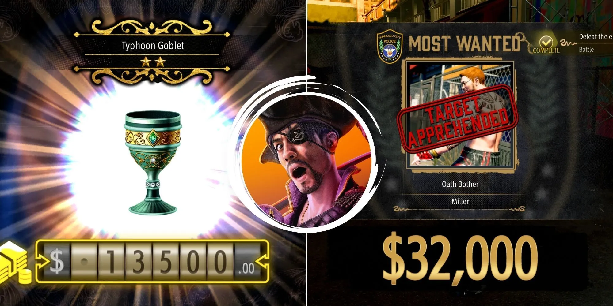 Majima đứng cạnh một chiếc rương đầy tiền trong Like A Dragon Pirate Yakuza