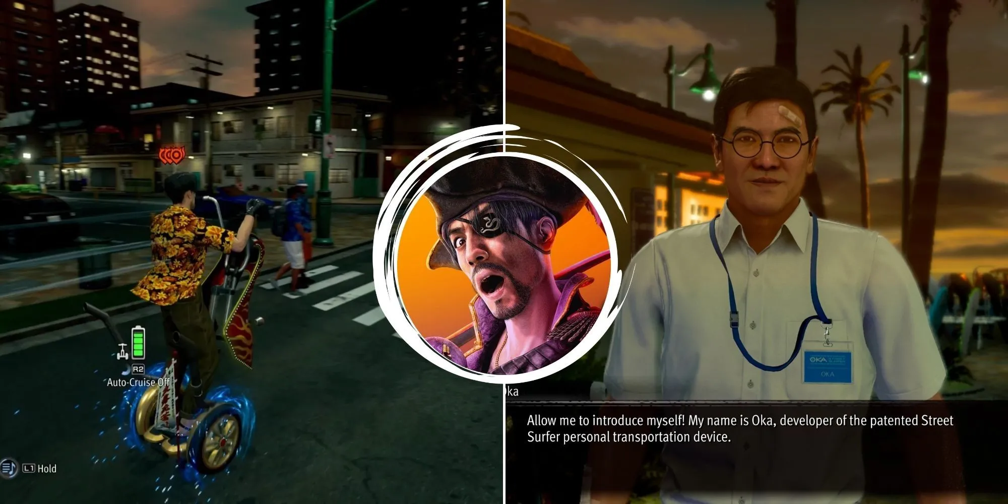 Majima đứng trước một tòa nhà có thể là trường Ounabara trong Like a Dragon Pirate Yakuza